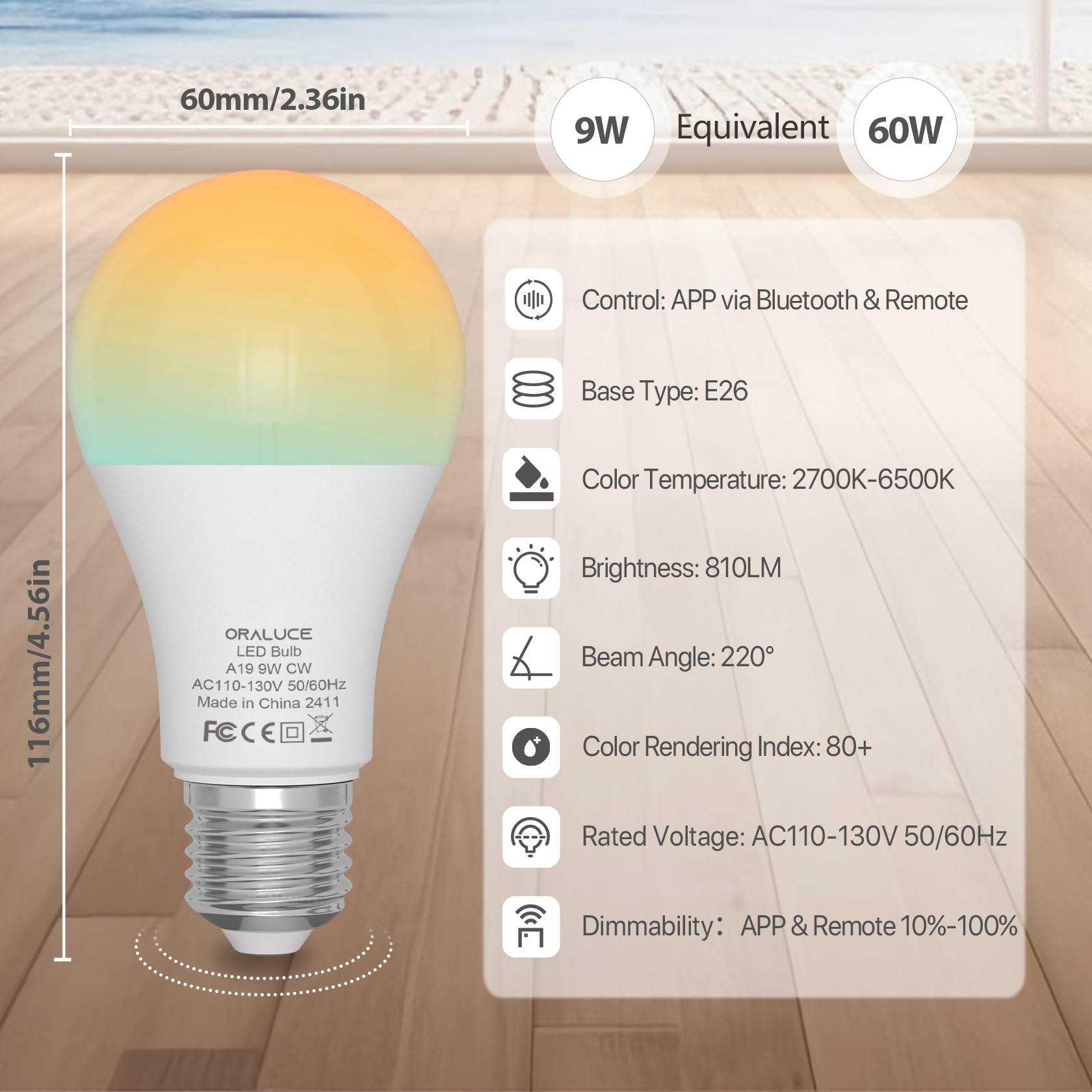 ORALUCE LED Smart Light Bulb, Dimmable 2700-6500K, E26 Base, 1 Pack with Remote, White, Model SG.A19.9W