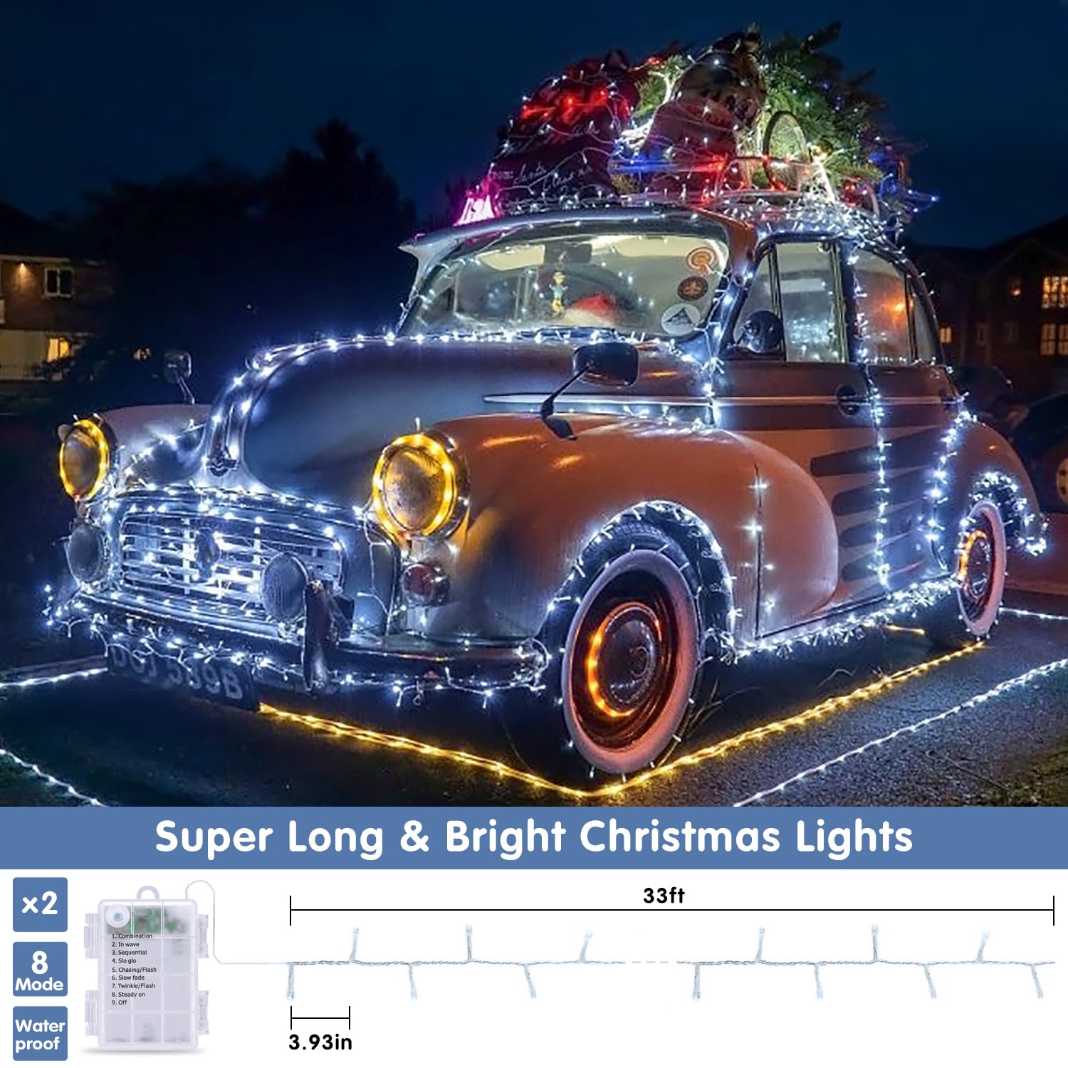 JMEXSUSS Christmas String Lights, 100 LED, 33ft, Battery Operated, 8 Modes, Waterproof, Cool White, Model b731a66a-f7cd-456f