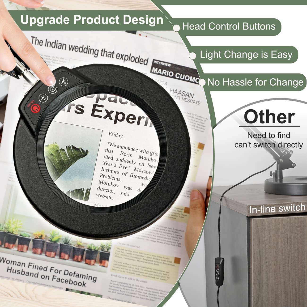 Krstlv 8X Magnifying Glass With Light And Stand, Upgrade Button 5 Color Modes Stepless Dimmable, 2-In-1 Led Lighted Magnifier Light, Hands Free Desk Lamp With Clamp For Craft Hobby Reading Close Work