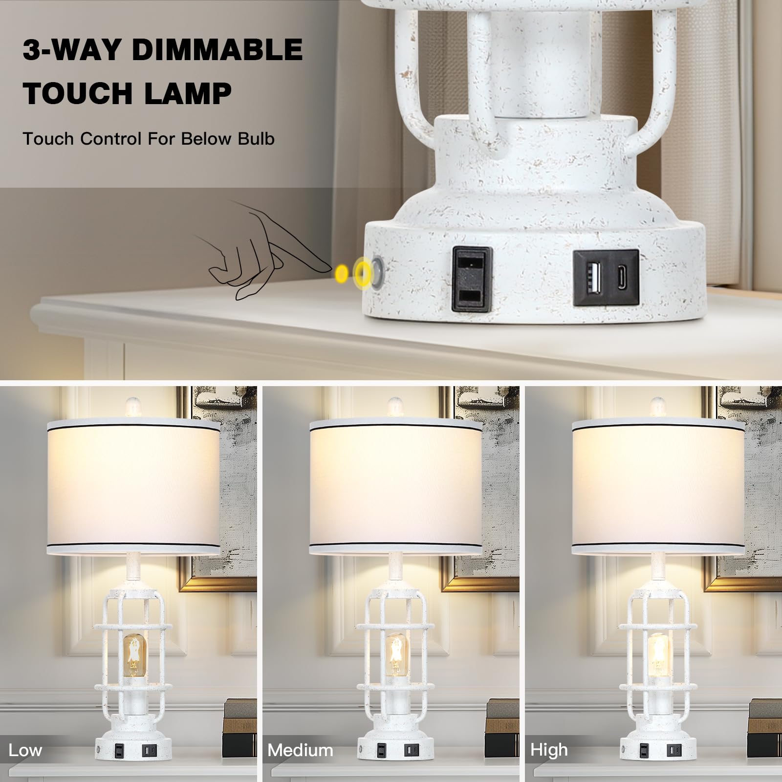 Farmhouse Industrial Lamps With Usb A+C Charging Ports & Ac Outlet, 3 Way Dimmable Touch Control Vintage Rustic Table Lamps For