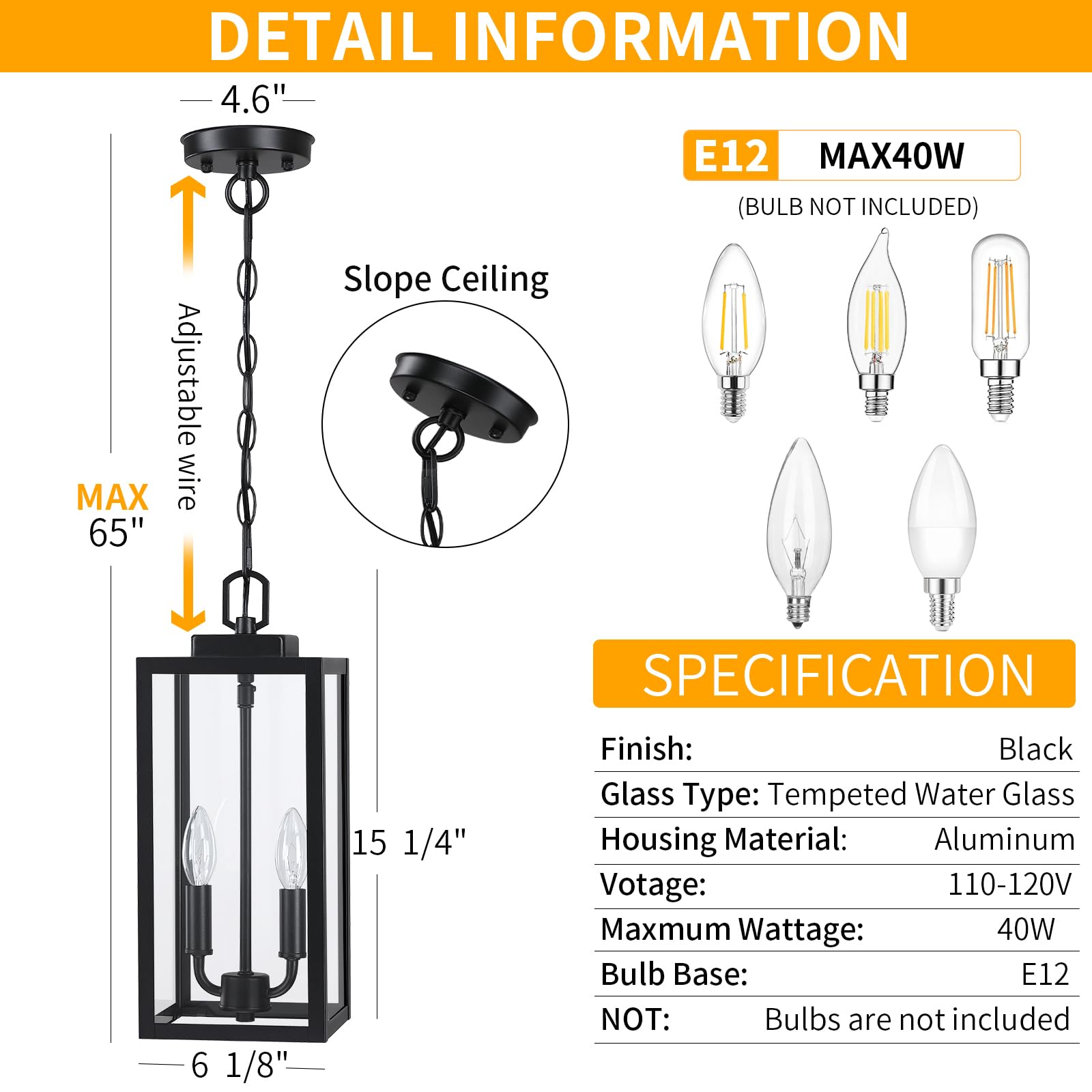 15'' Large Outdoor Pendant Light 2-Light, Modern Black Metal Outside Chandelier Exterior Hanging Fixture Ceiling Mount With Clea