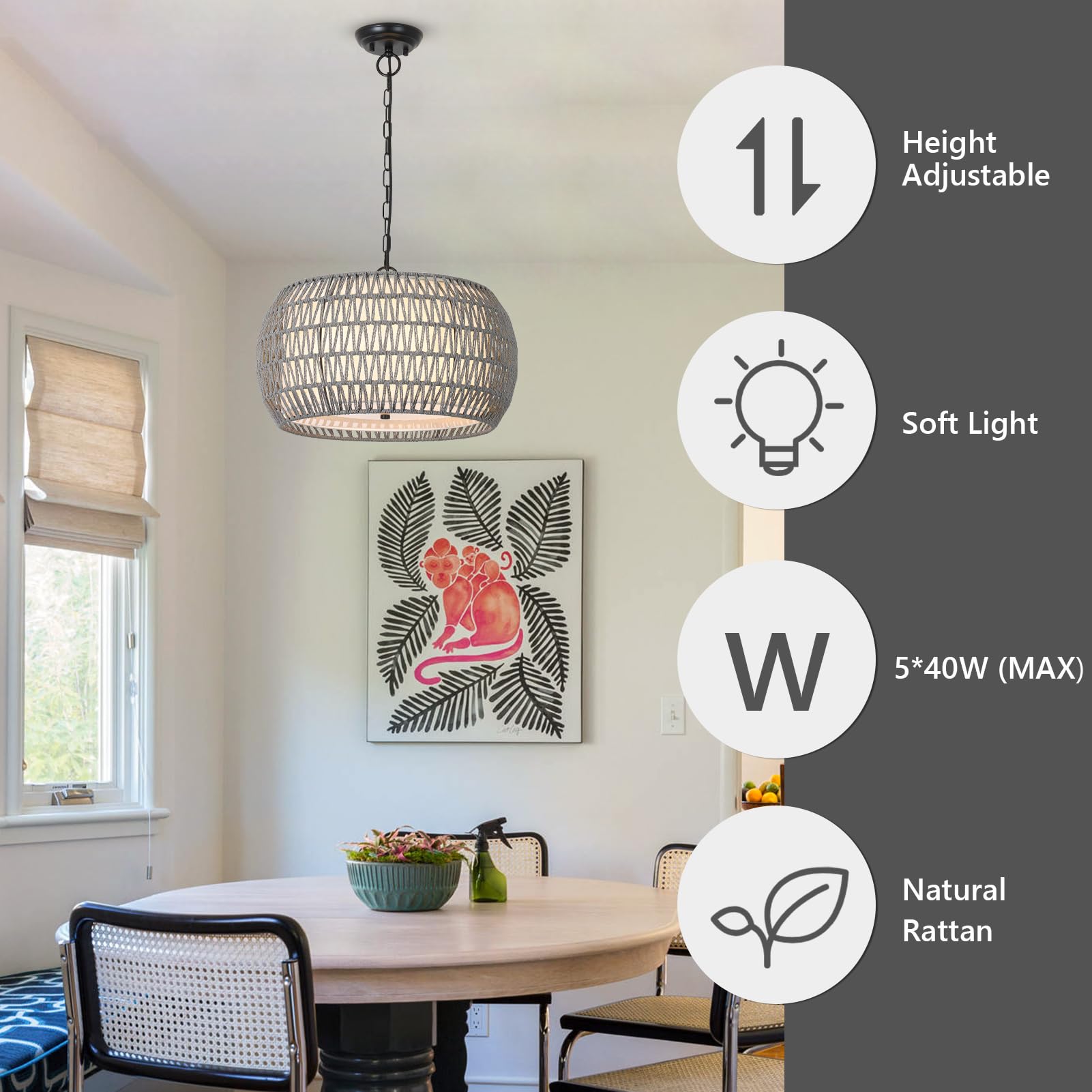 Farmhouse Chandelier Light Fixtures,5-Lights Rattan Dining Room Light Fixture,Woven Boho Chandeliers For Dining Room With Fabric