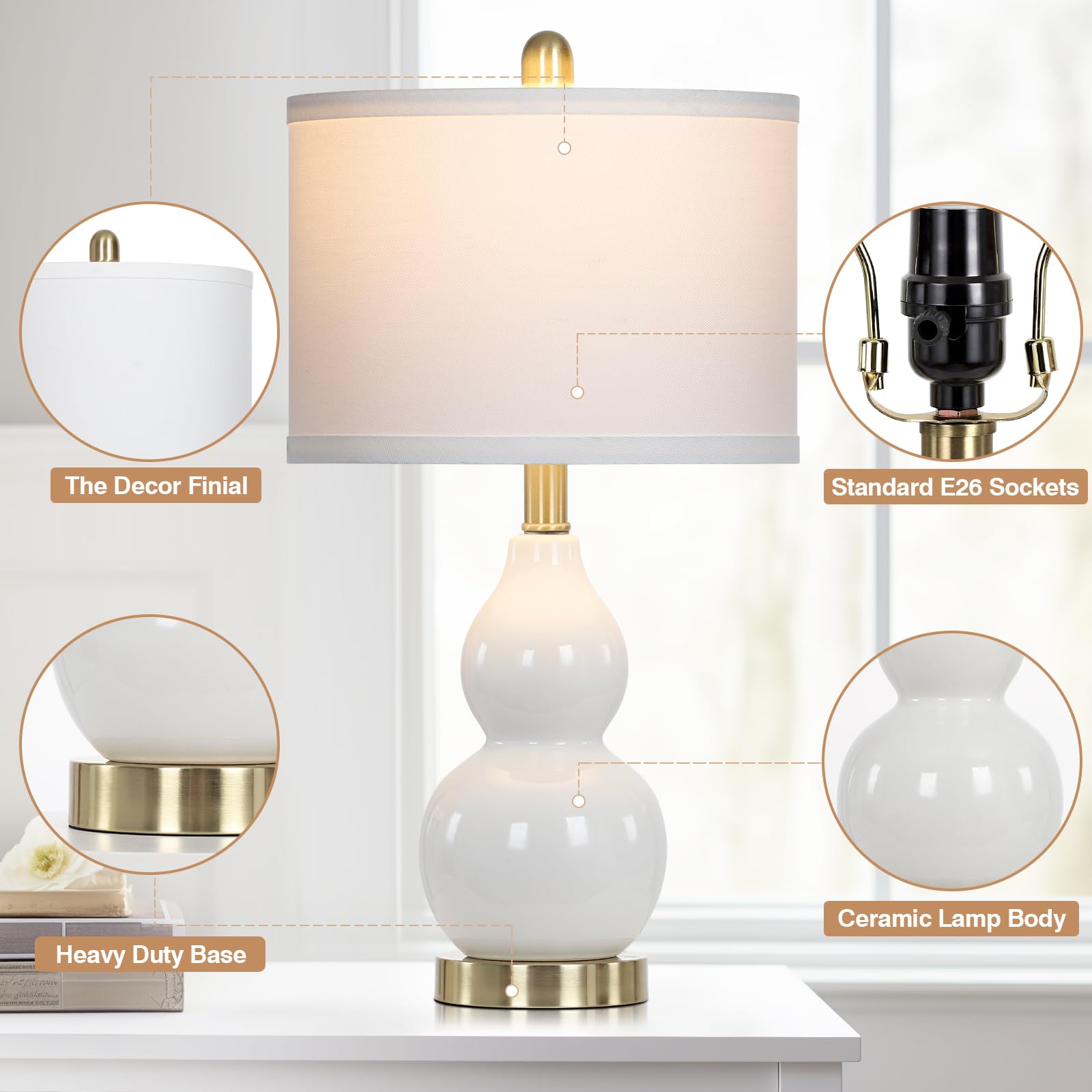 Rinweey Double Gourd Ceramic Table Lamps Set of 2, Modern White Nightstand Lamps for Bedroom, Large Size (Bulb Included)