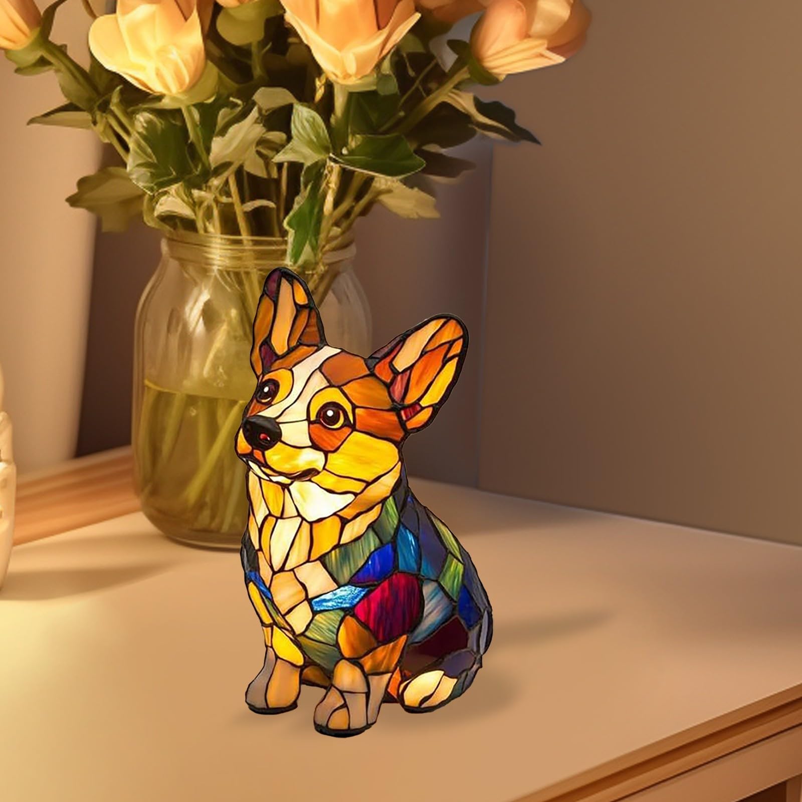 Lamps For Night Stands,Corgi Lamp And Pug Lamp,Dog Series Art Night Light,Cute Animal Themed Led Table Lantern,Stained Resin Pet