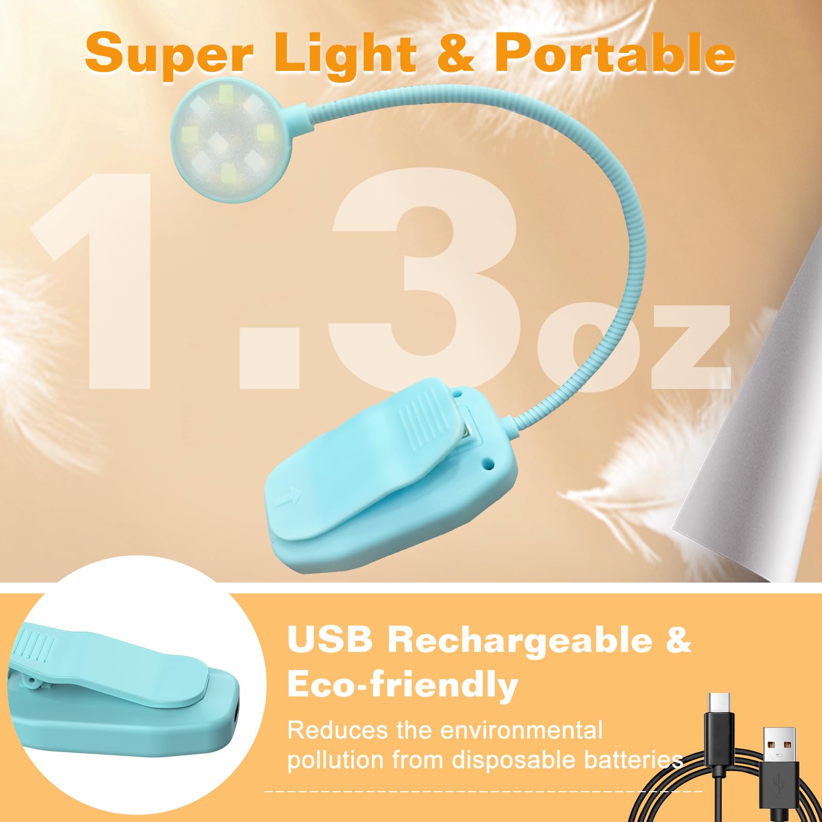 KTEBO Rechargeable Book Reading Light - Adjustable Brightness, 3 Color Temperatures, 30+ Hours Runtime, Black & Blue, Model BHLBL-4
