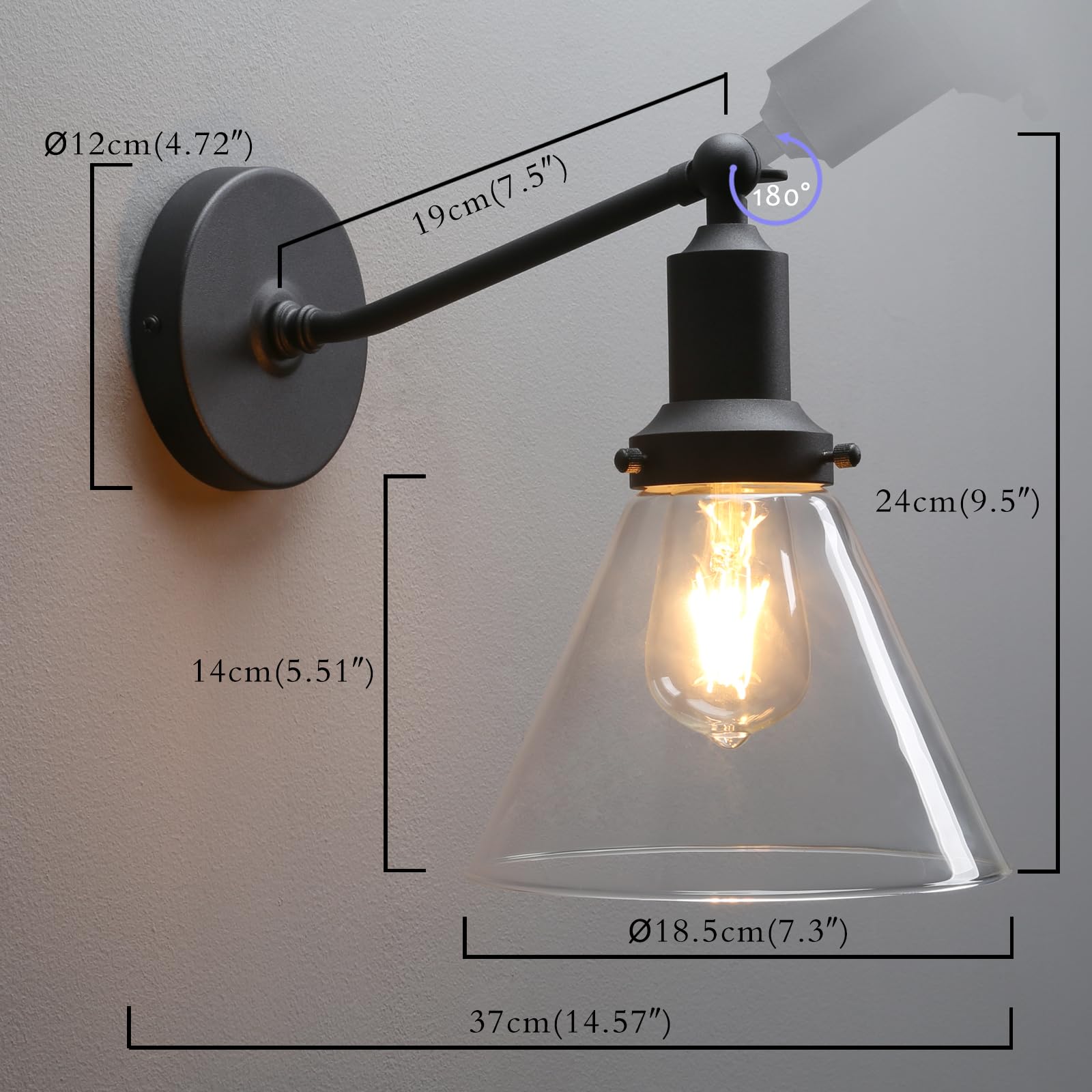 Permo Industrial Vintage Slope Pole Wall Mount Single Sconce With Funnel Flared Clear Glass Shade Wall Sconce Light Lamp Fixture