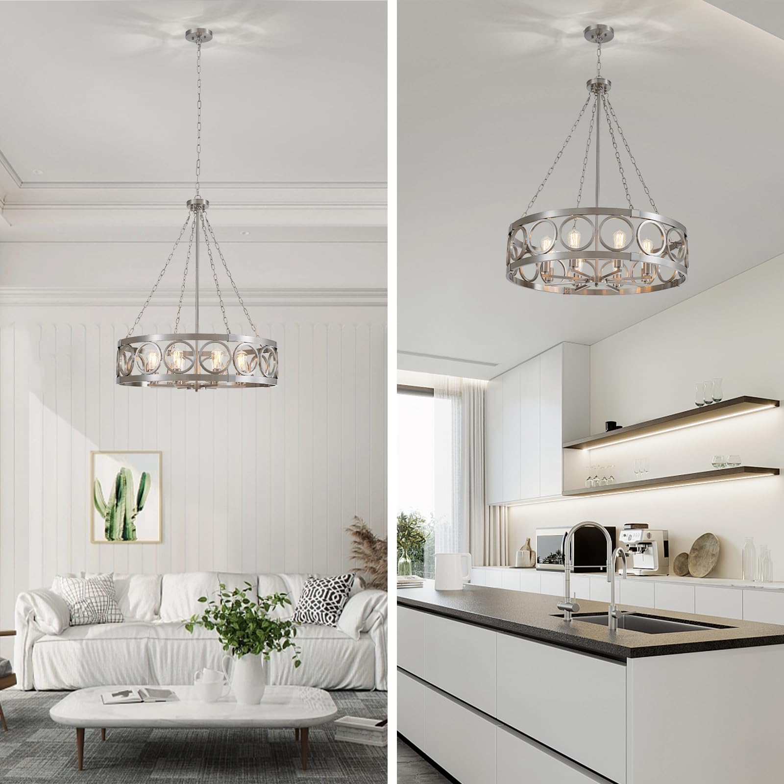 XINGQI 32.3" Large Brushed Nickel Drum Chandelier, 8-Light Modern Pendant Lighting for Dining Room, Living Room, Kitchen Island