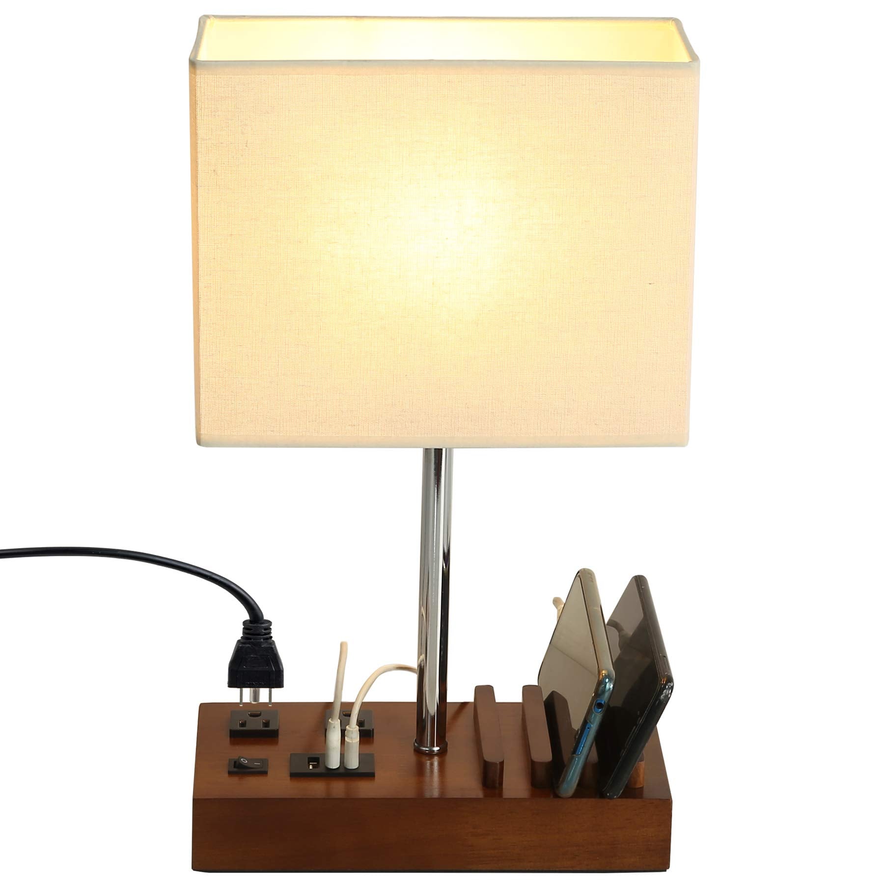 Briever USB Table Lamp - Multi-Functional Bedside Lamp with 2 AC Outlets, 3 USB Ports, Wooden Stand, Linen Shade, Model L6005USB-W