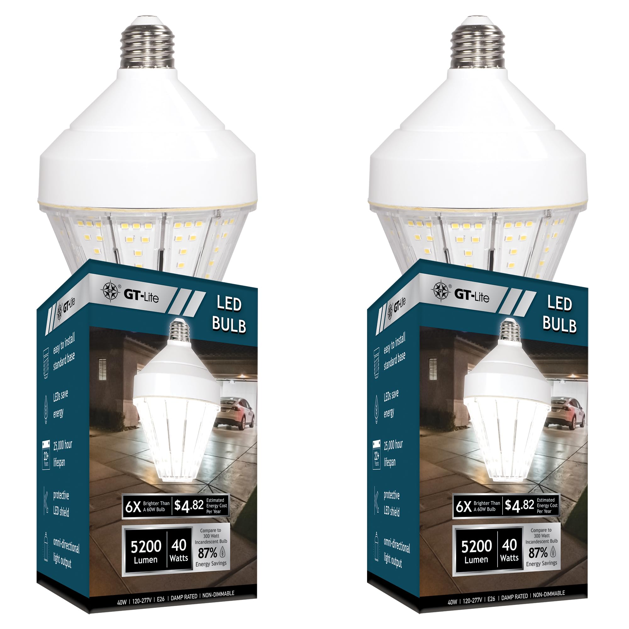 Gt-Lite 2-Pack 10400 Lumen Led Bulbs, Uses 40 Watts, Replacement For 300-Watt Incandescent,Energy Saving, Easy To Install, Garag