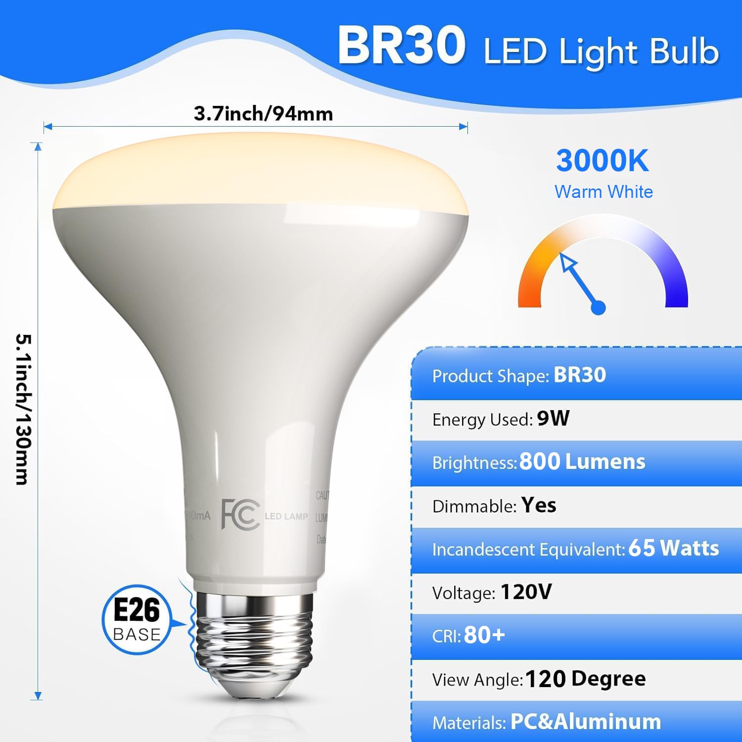 Volivo Led Flood Light Bulb 12 Pack, Recessed Ceiling Bulb, Br30, 65W Equivalent Efficient 9W, Dimmable, E26 Base, Warm White 30