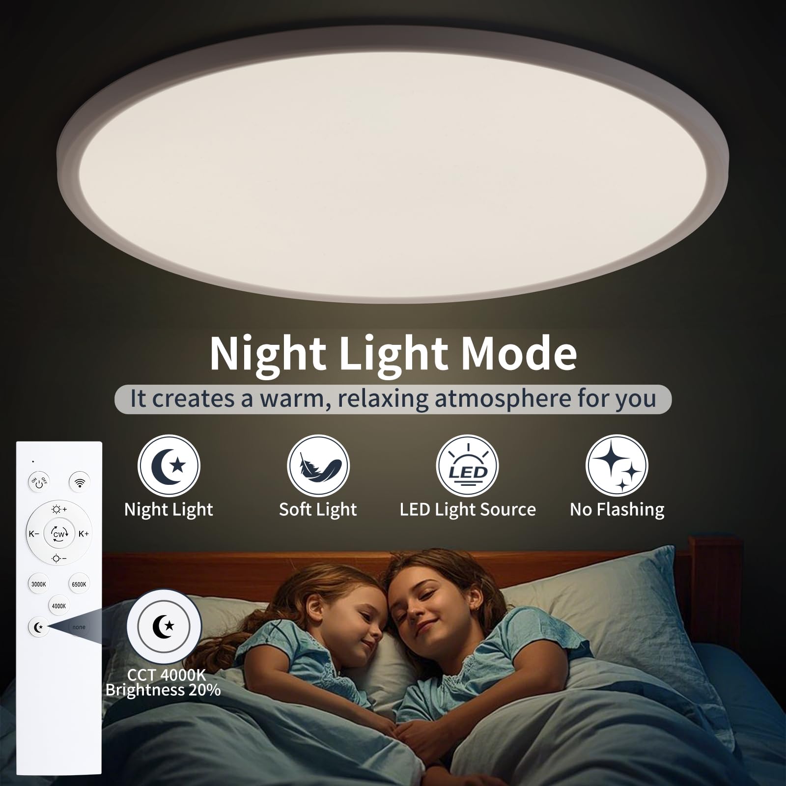 Kiwivic 24 Inch Flush Mount Ceiling Light With Remote, 54W Dimmable Led Fixture 5400Lm, 3000K-6500K Adjustable, Round Ceiling La