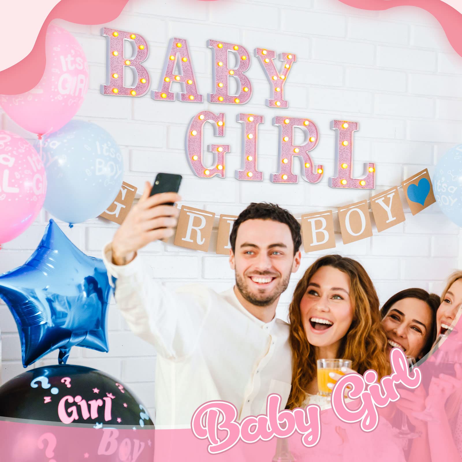 Sacubee Set of 8 Pink Baby Shower Decoration for Girl Baby LED Letters for Baby Shower Light up Letter Battery Operated Baby Let