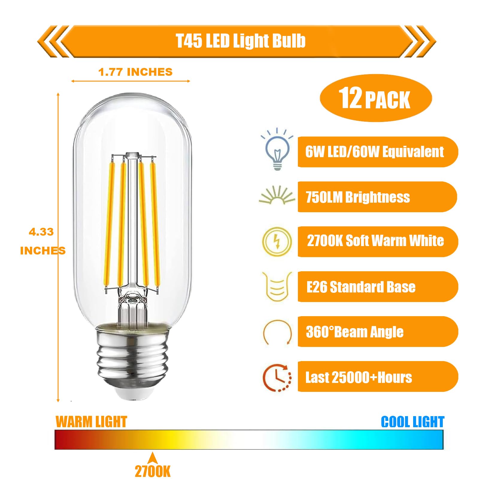 Winsaled T45 Dimmable E26 Led Bulb 60 Watt Equivalent,Vintage E26 Edison Bulbs,Tubular Clear Decorative Light Bulb,2700K Led Lig