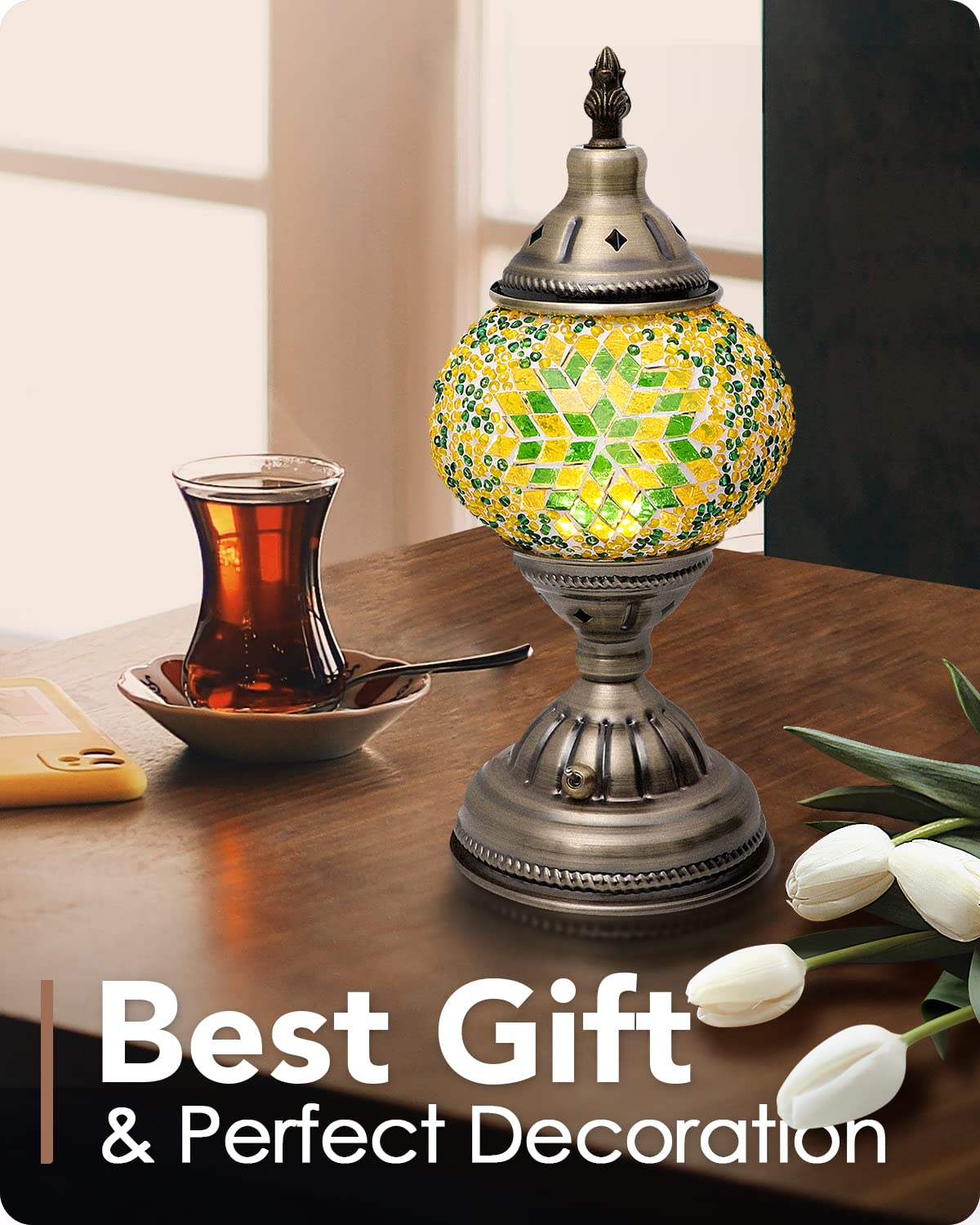 Yarra-Decor Turkish Moroccan Lamp, Handmade Tiffany Mosaic Glass, Portable Bedside Lamp, Rechargeable 2000mAh Battery, Green2