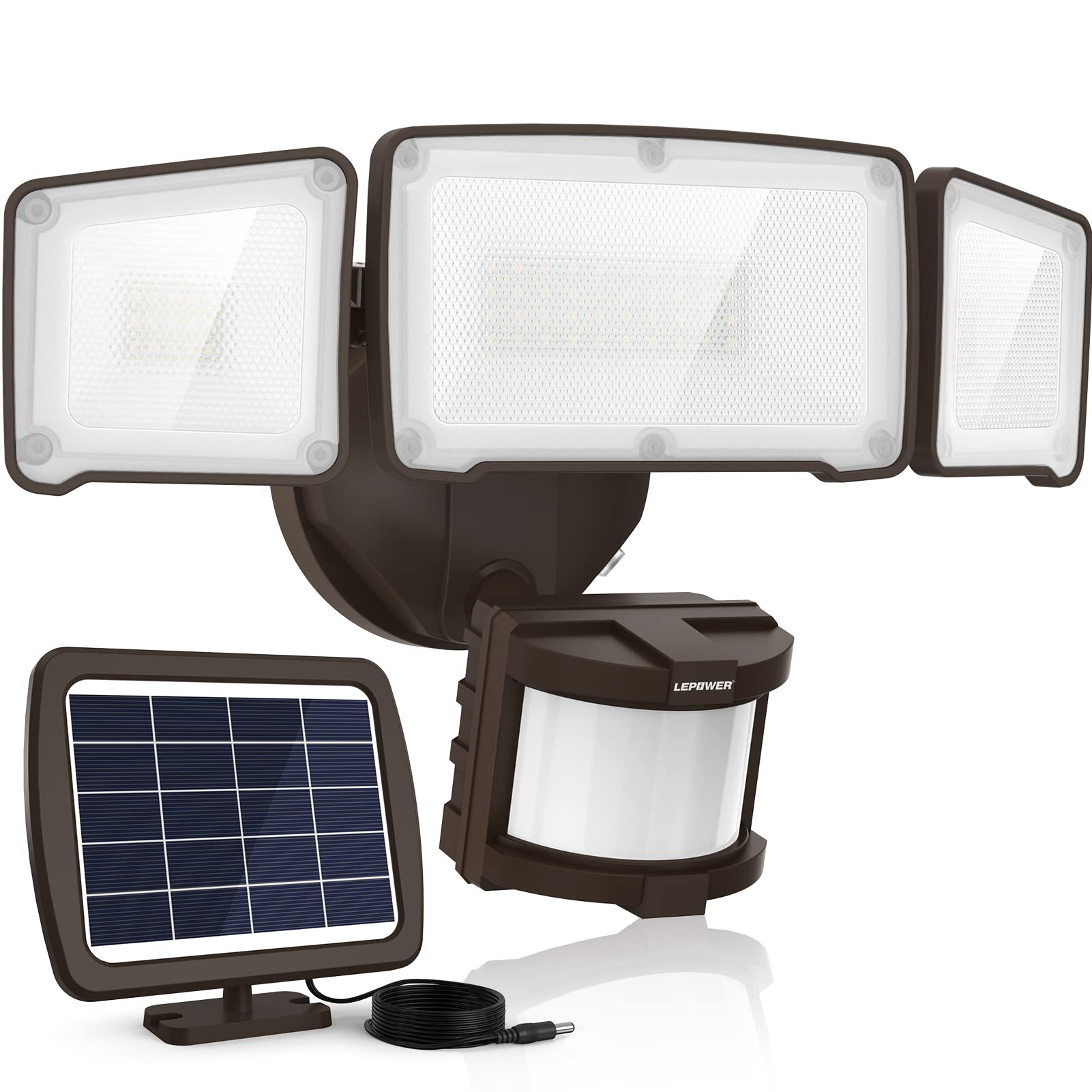 LEPOWER Solar Motion Sensor Light 1600LM 5500K IP65 Waterproof 3 Adjustable Heads Brown Model YY02C-BR