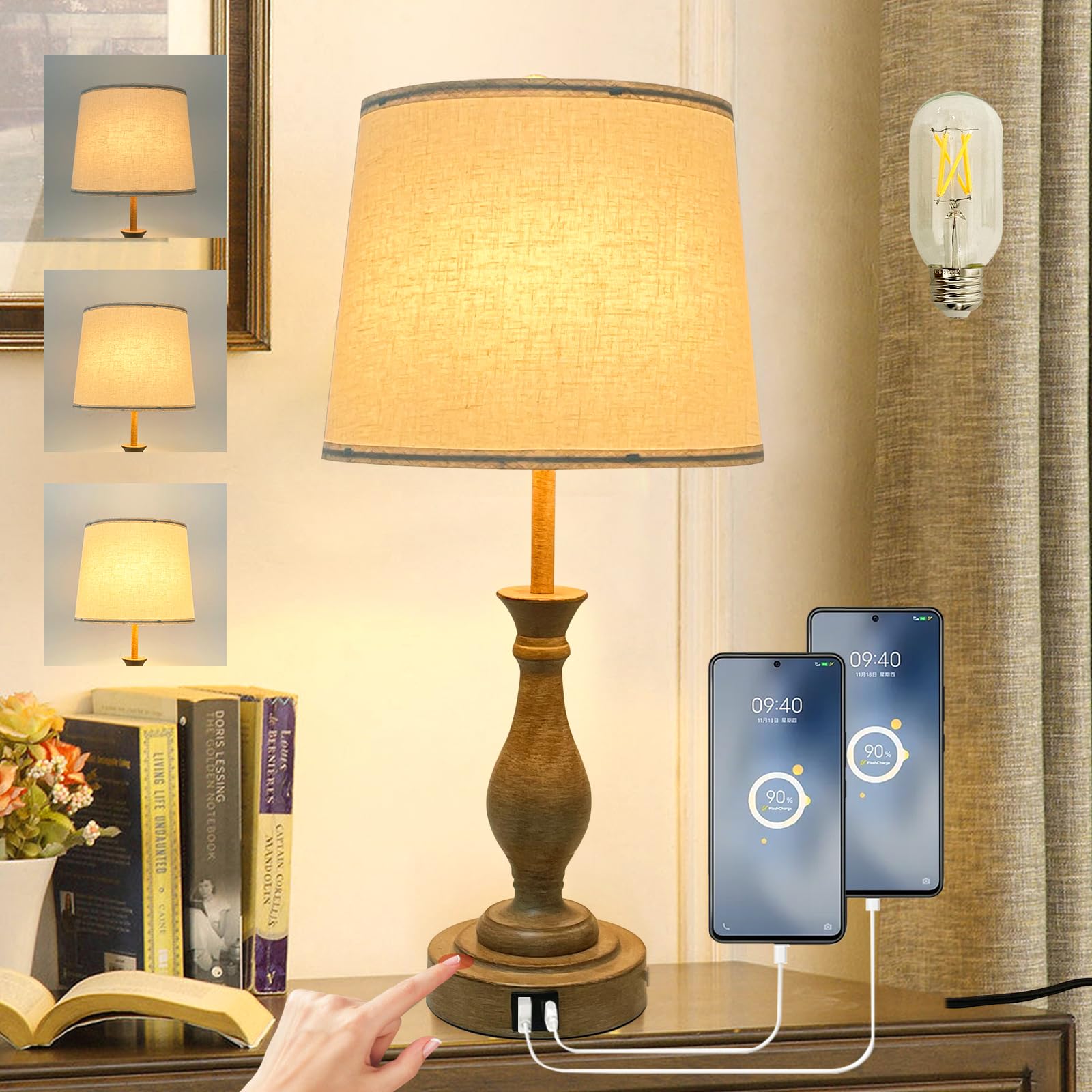Farmhouse Table Lamp Touch Control 3-Way Dimmable Table Lamp, Modern Nightstand Lamp with 2 USB Port Bedside Desk Lamp with Fabr