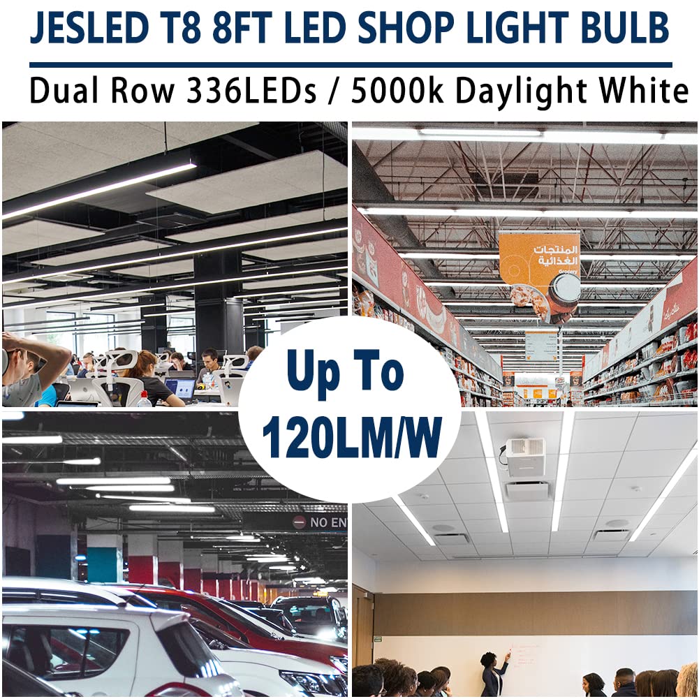JESLED 8FT LED Tube Light Bulbs, 50W 6000LM, Frosted, 12-Pack, Single Pin FA8, 5000K Daylight White, Aluminum