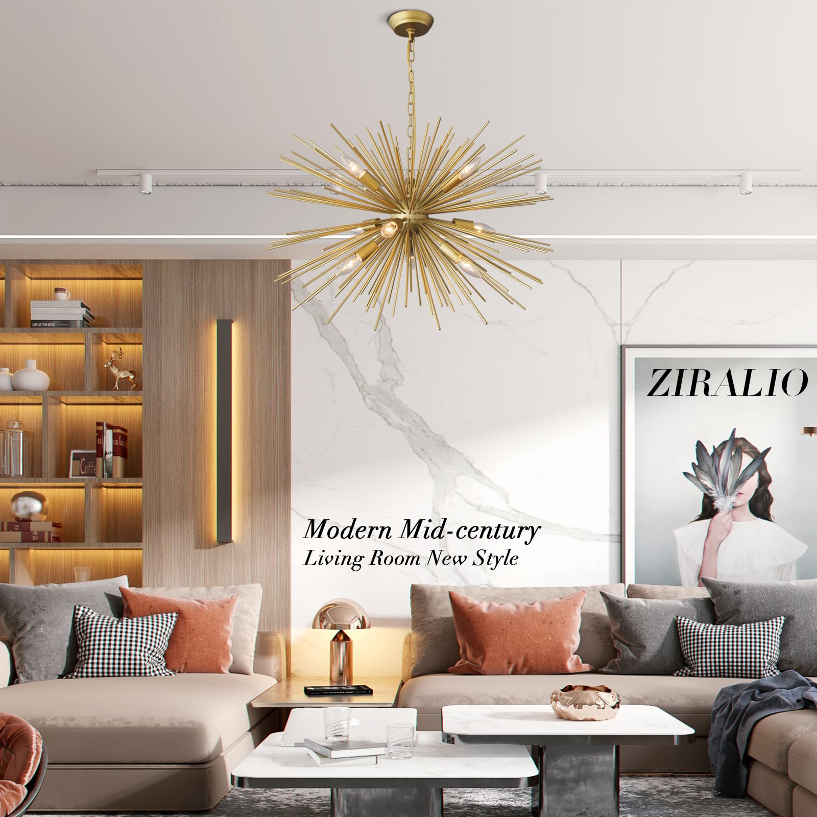 ZIRALIO Modern Gold Sputnik Chandelier - 9-Light Metal Fixture for Dining Room, Living Room, Kitchen, 29in, 17LB