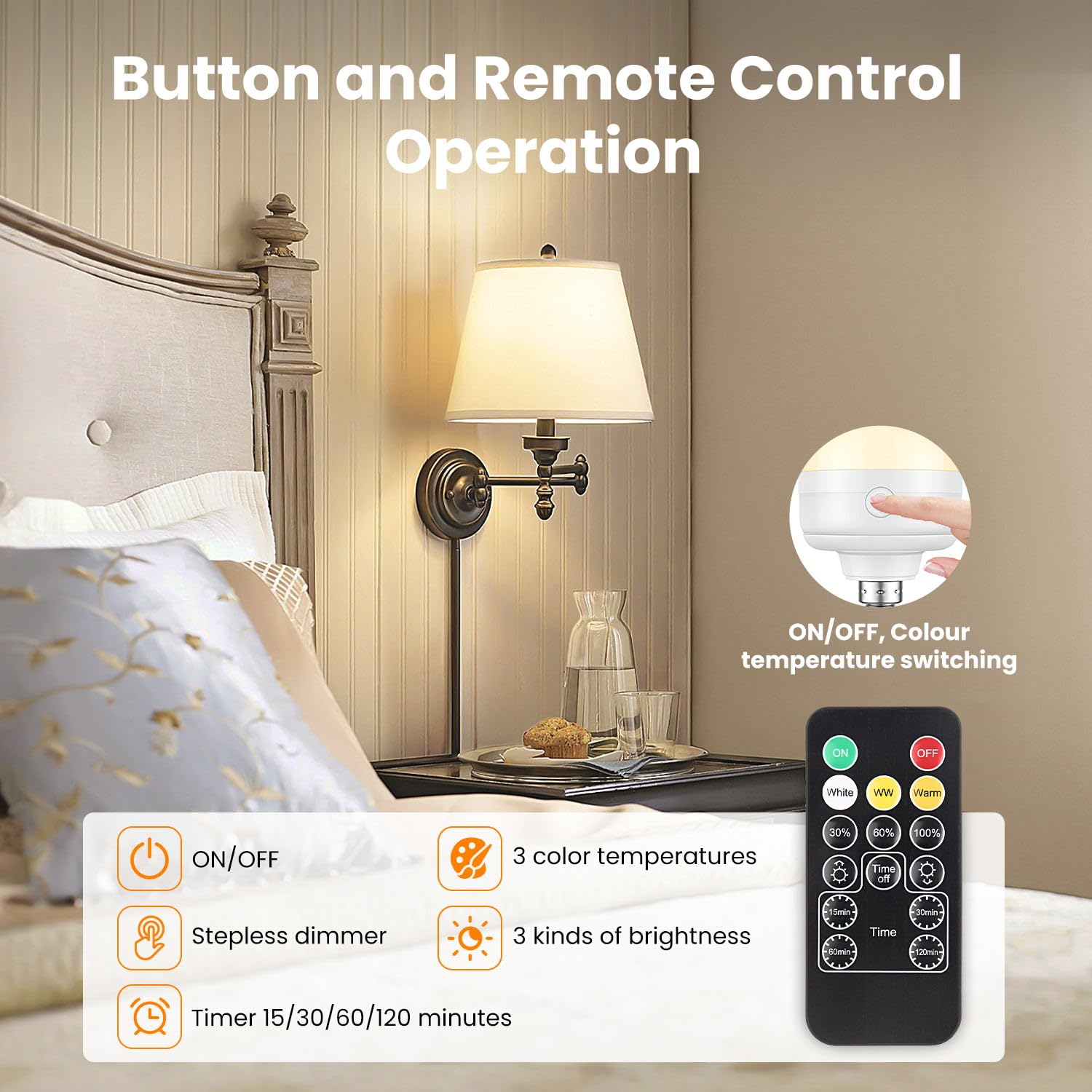 Lgmcf Rechargeable Light Bulbs With Remote Control Timer And 3 Color Temperature Options,Rechargeable Wall Sconce Puck Lights Battery Operated With Remote (E12, 2)