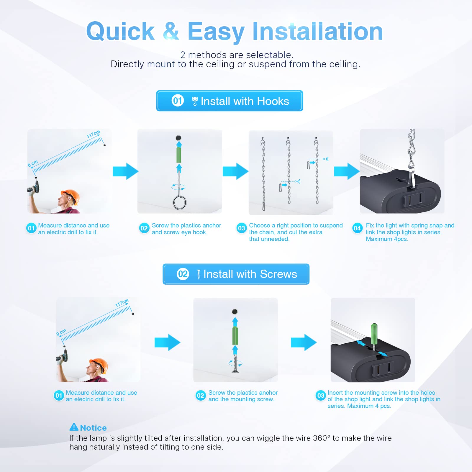 Ensenior 6 Pack Linkable Led Shop Light 4Ft For Garage, 4400 High Lumens, 36W Equivalent 280W, 5000K Daylight, 48 Inch Utility S