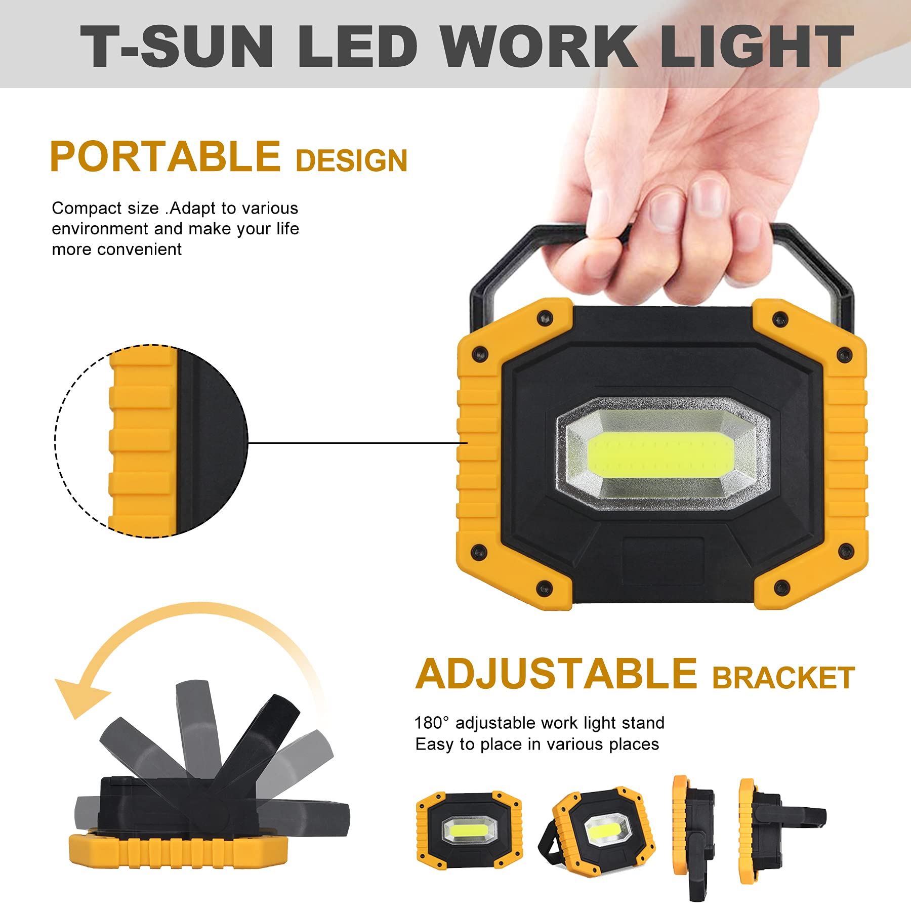 T-Sun Rechargeable Led Work Light, 30W 2000Lm Portable, Waterproof, 2 Pack