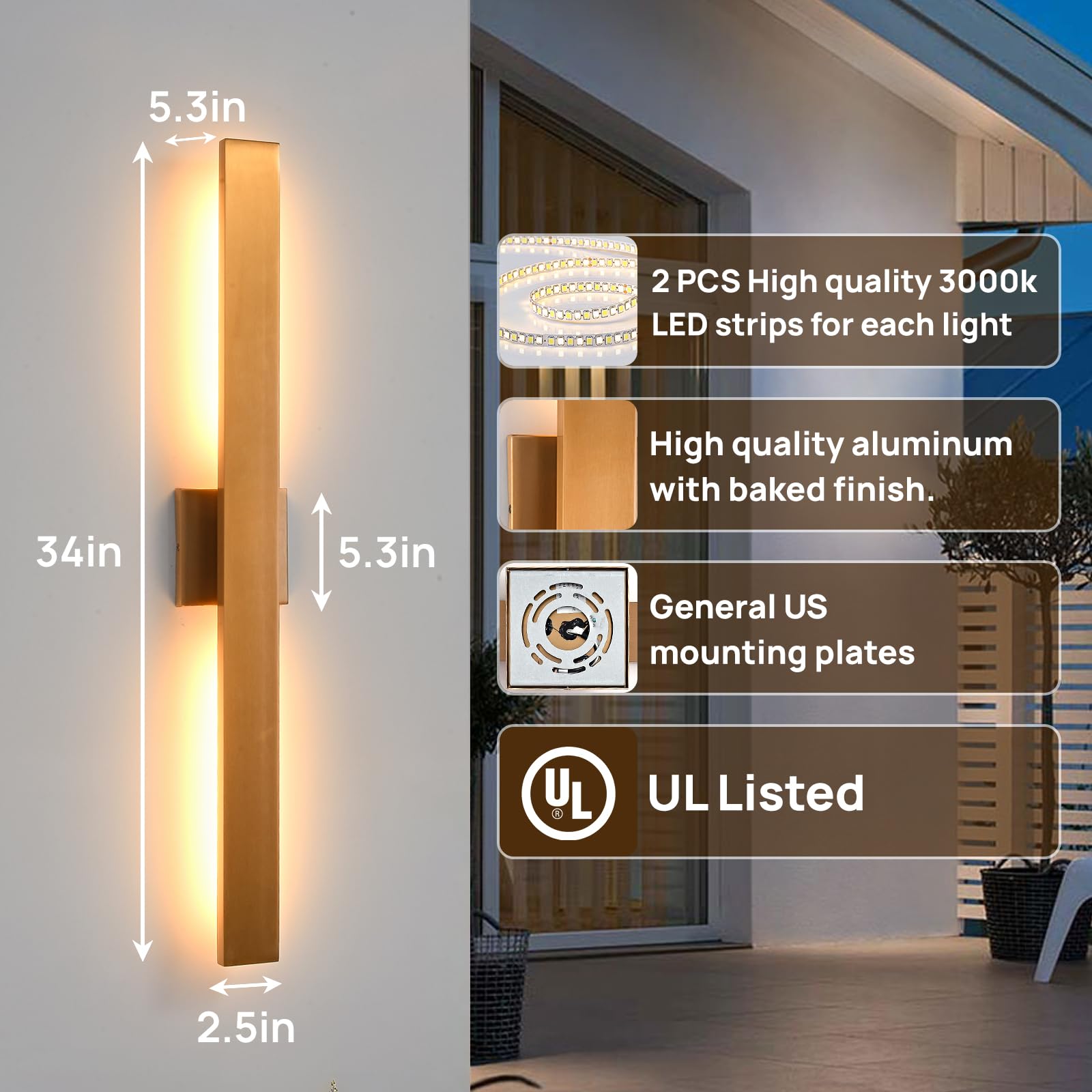 JOKAONOTL Gold LED Porch Lights, Waterproof Outdoor Wall Lights, 34 in, Aluminum, 2 Pack
