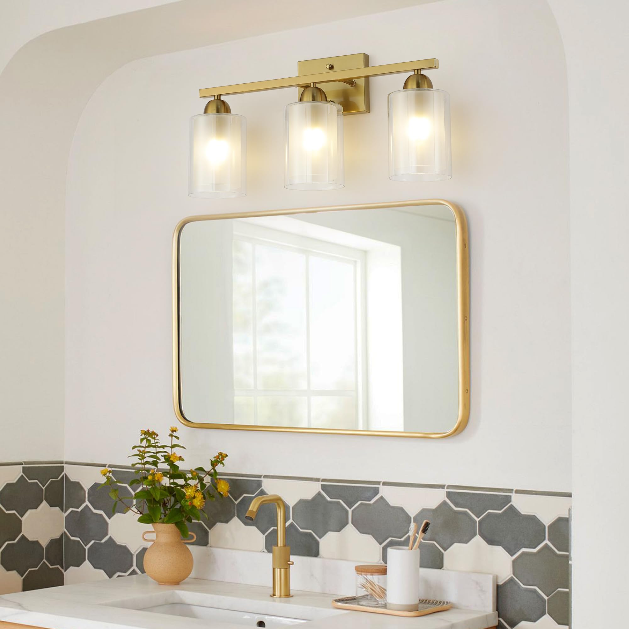 Mecgirn Stainless Steel Bathroom Vanity Light, 3 Light Brushed Gold, Milk & Clear Glass Shades, Model B0007-3-Gold