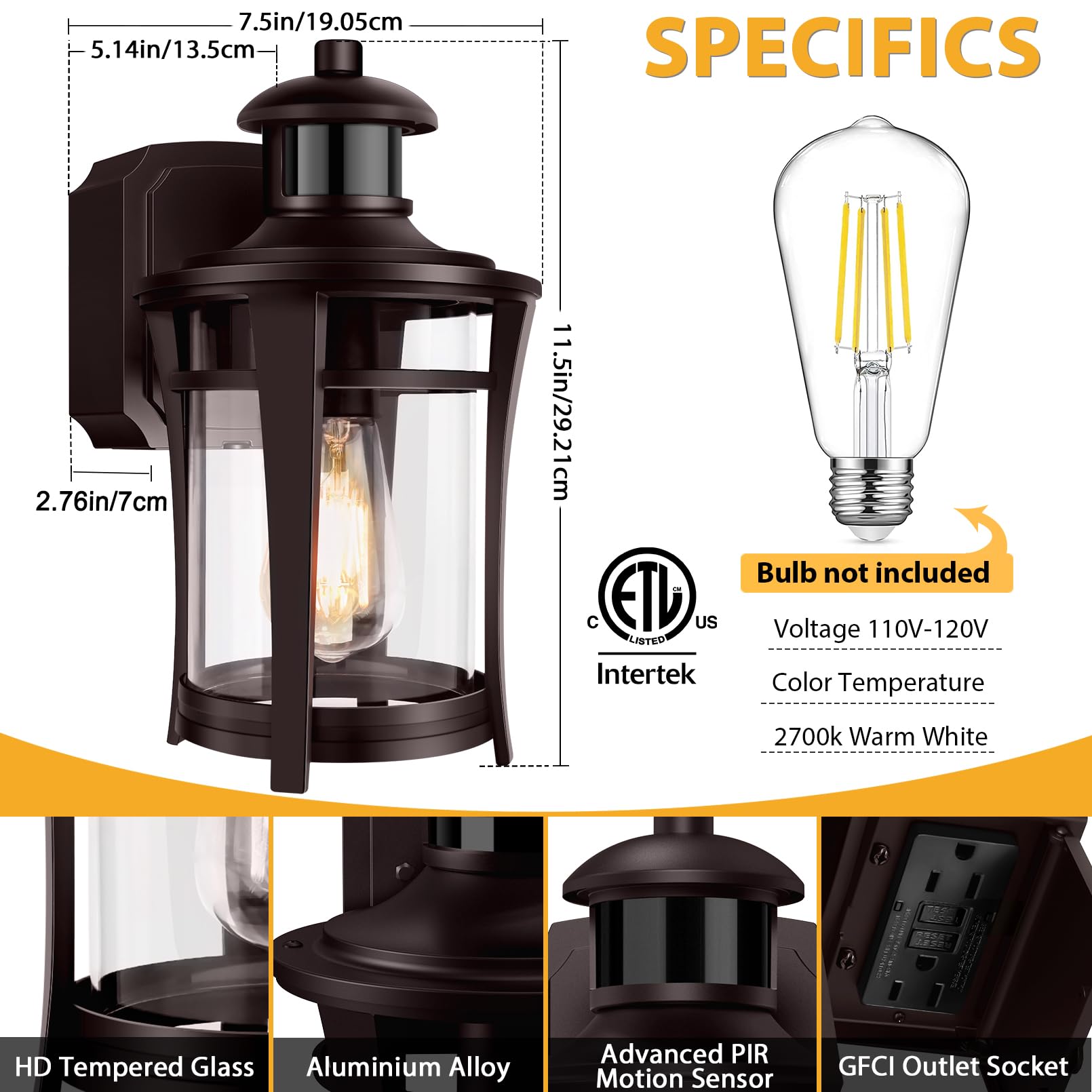 Outdoor Motion Sensor Lights, 2 Pack Porch Lights With Outlet, Dusk To Dawn Exterior Light Fixture, Anti-Rust Waterproof Outdoor