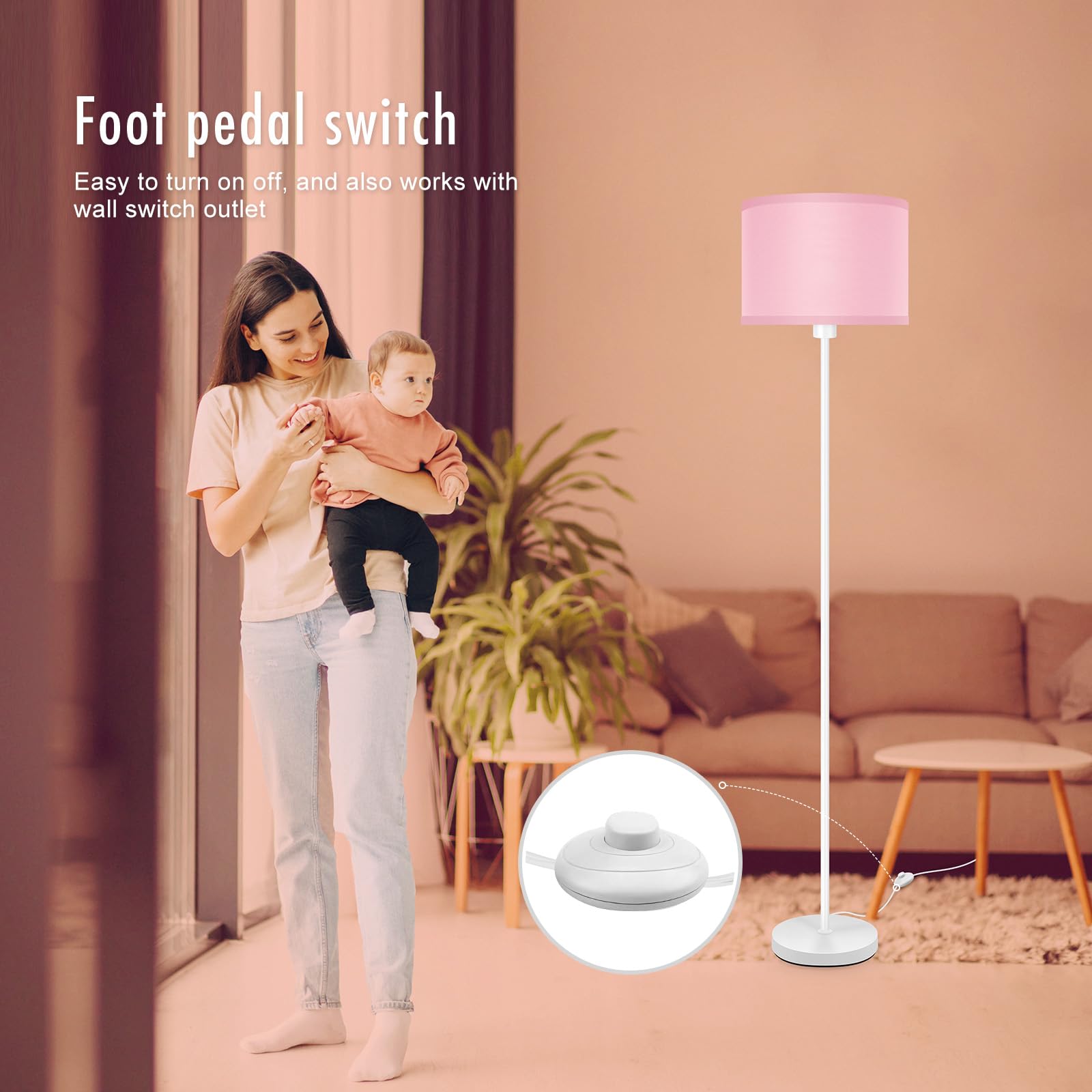Floor Lamps  Standing Lamp  58  Tall Floor Lamp With Pink Lampshade  Foot Pedal Switch  Modern Bright Floor Lamps For Living Room/Bedroom/Classroom/Kids Room  Pink Light For Girls  Gift(No Bulb)