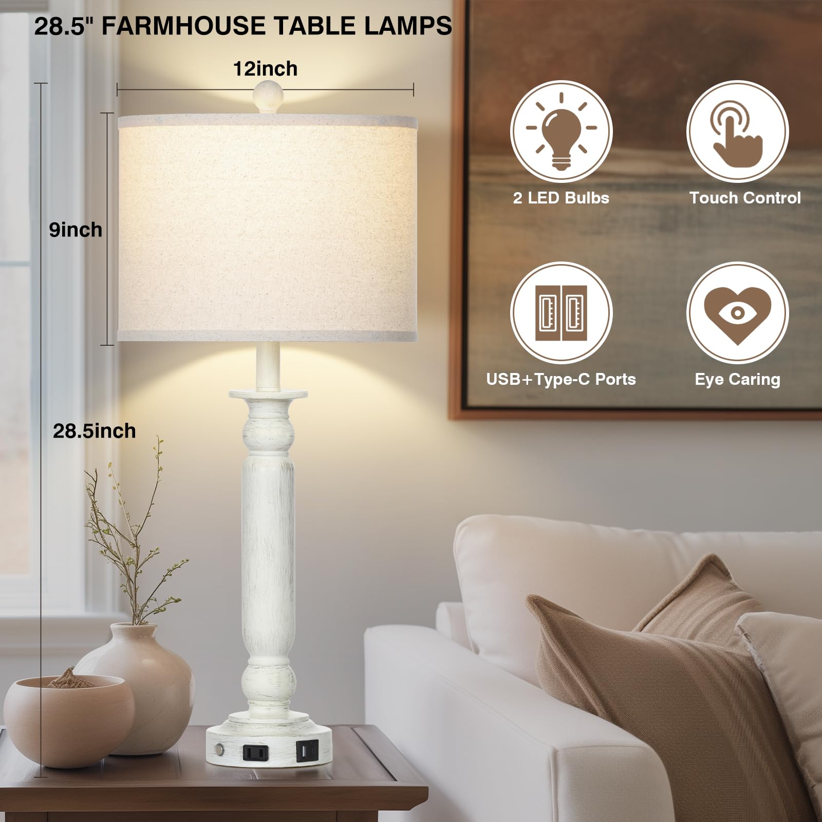Rinweey 28.5'' Farmhouse Table Lamps For Living Room Set Of 2, 3-Way Dimmable Touch Lamps, Table Lamp With Usb C+A Ports, Bedsid