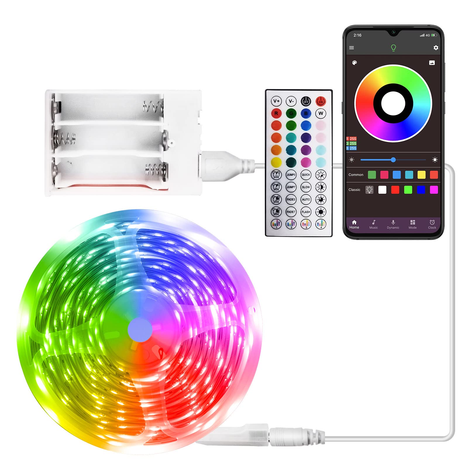 RUISHINE LED Strip Lights 25ft, Battery Operated, Color Changing, RGB, Music Sync, App Remote Control, Model ST-TING-L125