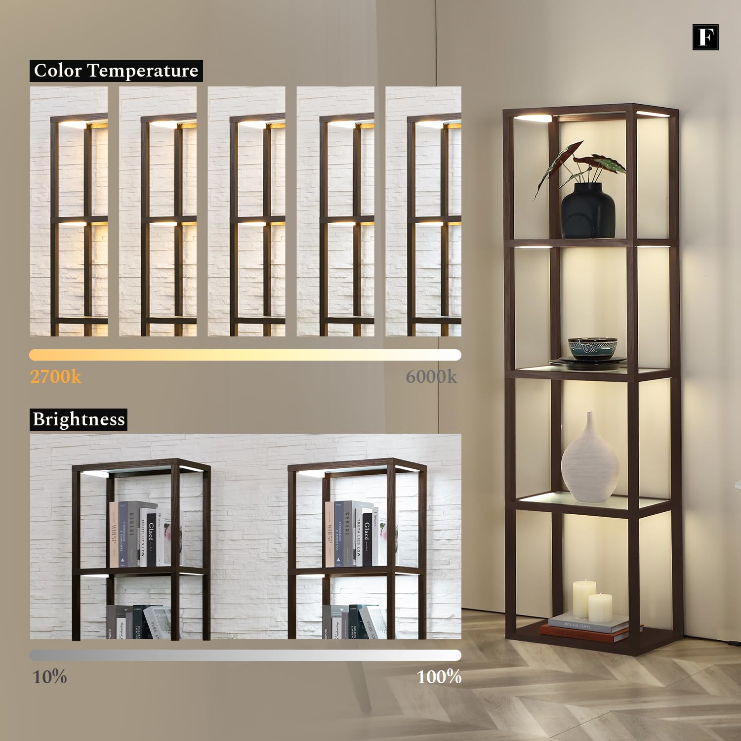 Fenlo Fantasy Plus 66'' Luxury Display Shelf With Dimmable Led Floor Lamps, Sturdy Curio Cabinet With Glass Bookcase Display Cas