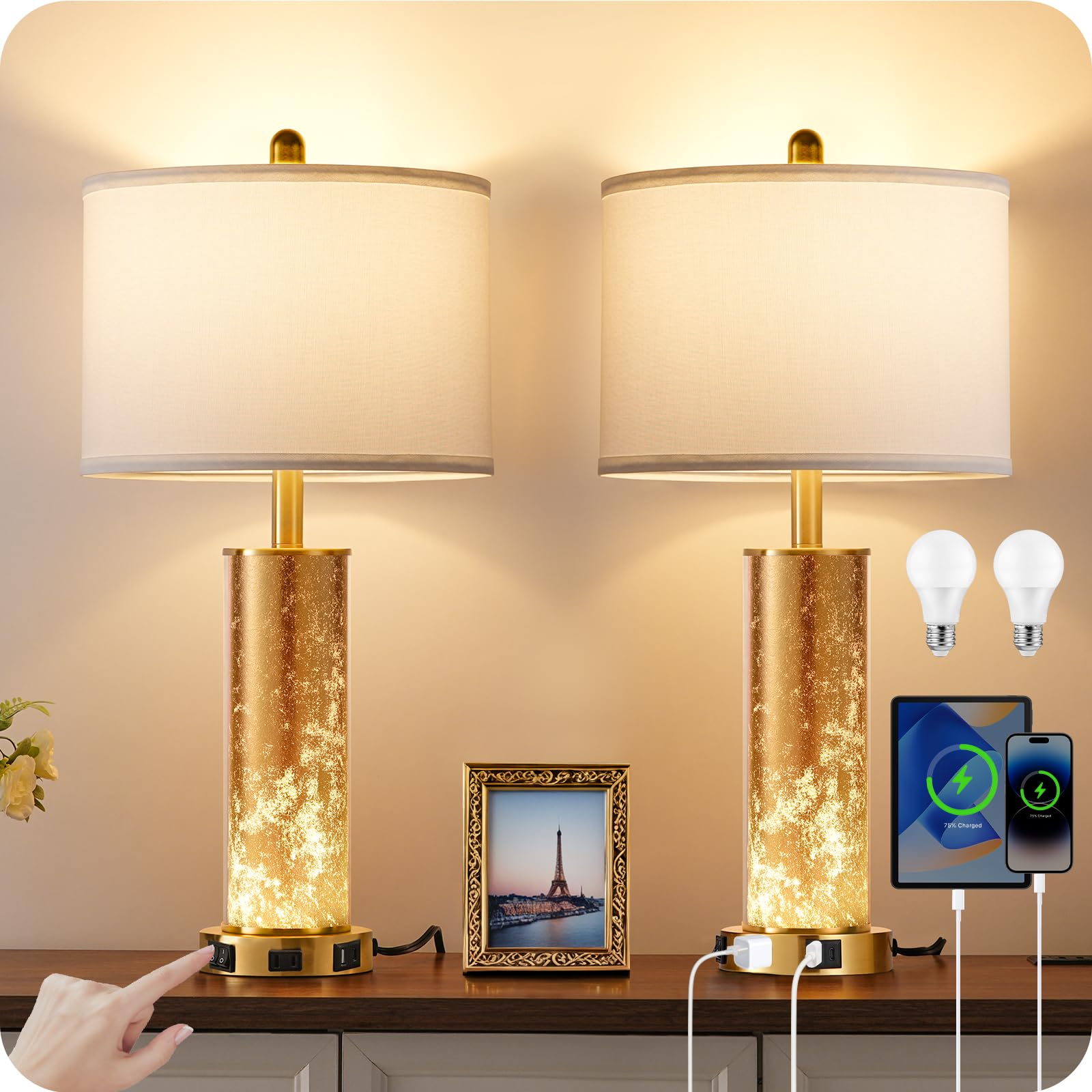 GOEBLESON 25.6 Gold Table Lamps Set of 2  Tall Bedside Lamps with Nightlight  Modern Nightstand Lamp with USB Ports  Desk Lamp for Bedroom  Living Room  Office  LED Bulbs Included W01TL05