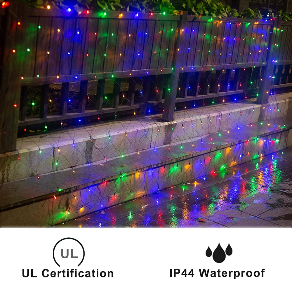 Pooqla Christmas Net Lights, 300 LED Outdoor Mesh Light 14.8x4.9 ft, Waterproof Green Wire, 8 Modes, Colorful Fairy String Decor