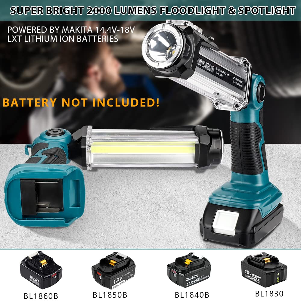 Hiesuan Cordless Led Work Light For Makita 18V Li-Ion Battery, 35W 2000Lm Outdoor Flashlight Portable Camping Lanterns With Hook, 90°Rotatable For Car Repairing, Job Site Lighting, Emergency
