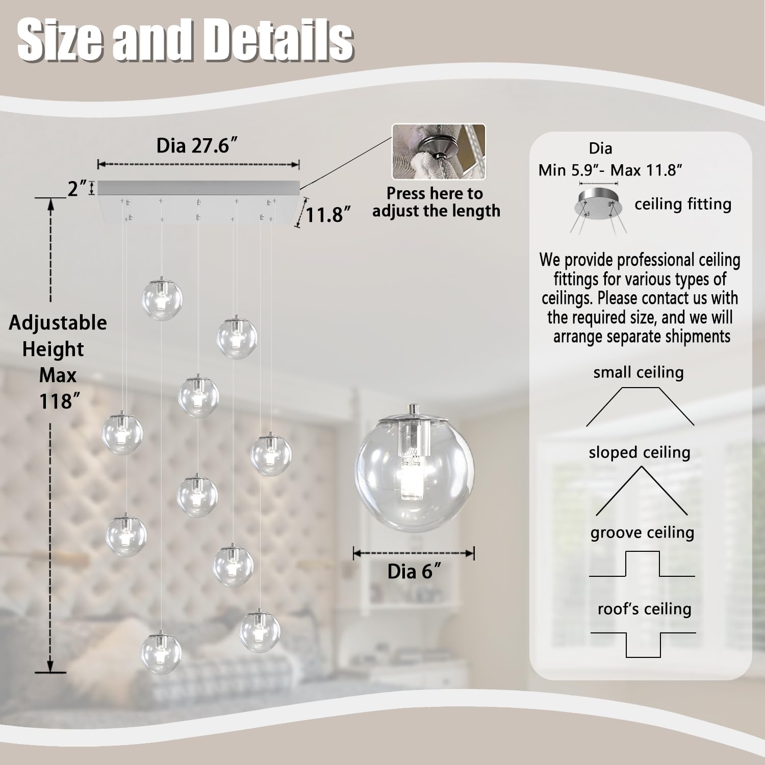 Ykolupty Rectangle Chandelier 10-Light Clear Glass Ball Chandelier Dimmable Pendant Lights Large Chandeliers For High Ceilings,