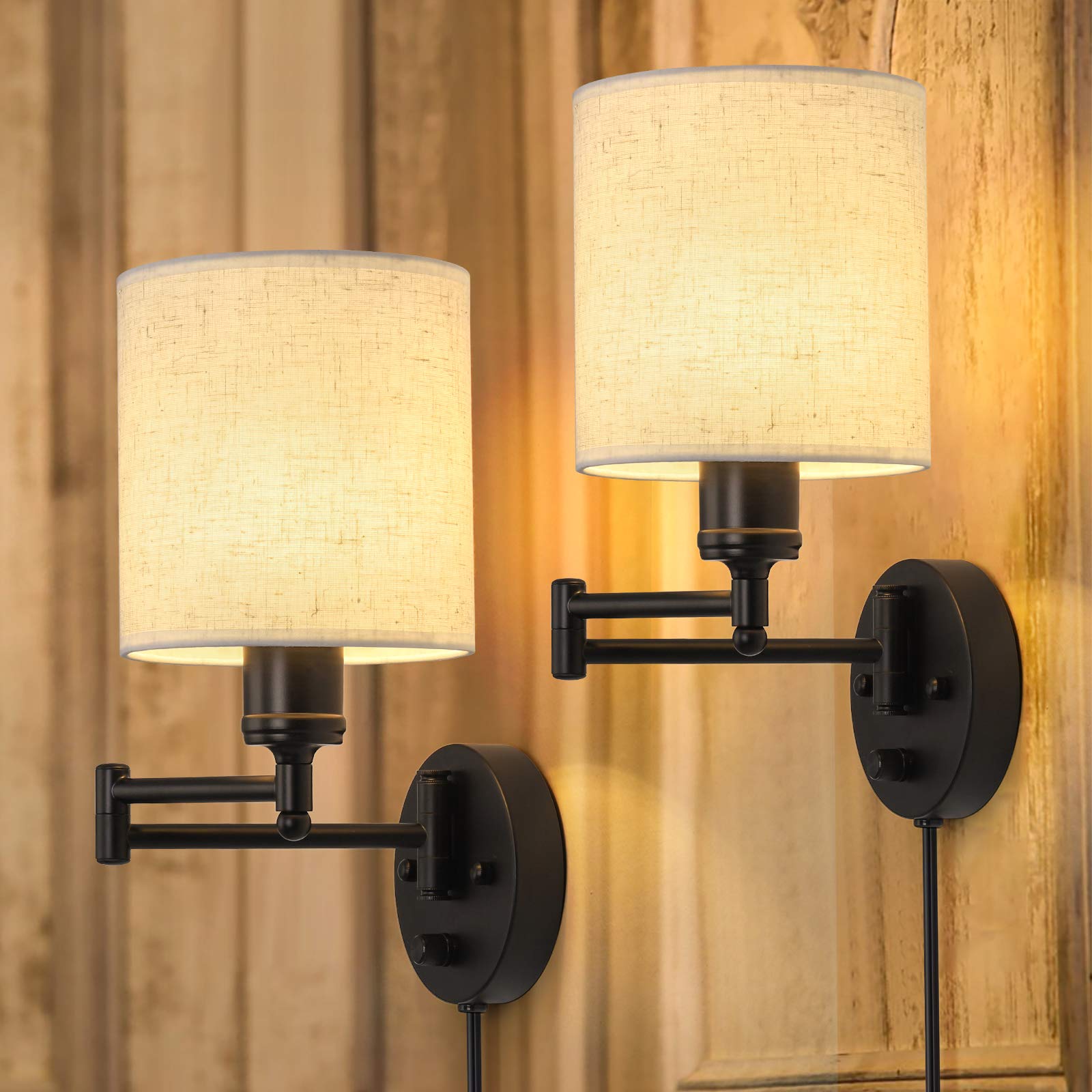CADUKE Swing Arm Wall Light Set of 2, Modern Metal & Linen Sconces, Linen Shade, Model LR-RTH84, Ideal for Bedroom & Living Room