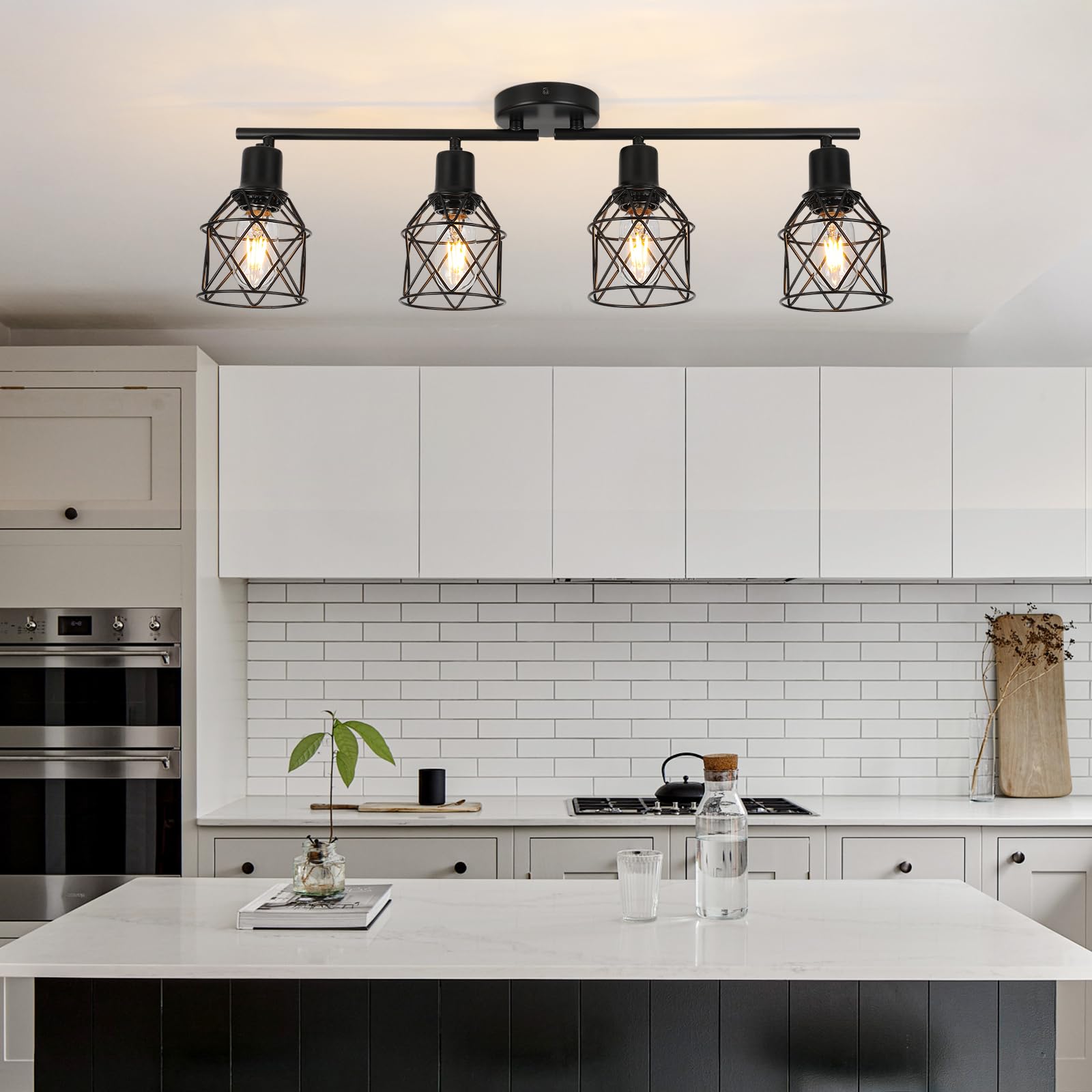 Wilon Track Lighting Fixtures Ceiling 4-Light Flush Mount Ceiling Spot Lights, Industrial Track Light Black Kitchen Light Fixtures Rotatable Spotlight For Kitchen Hallway Living Room (E26 Base)