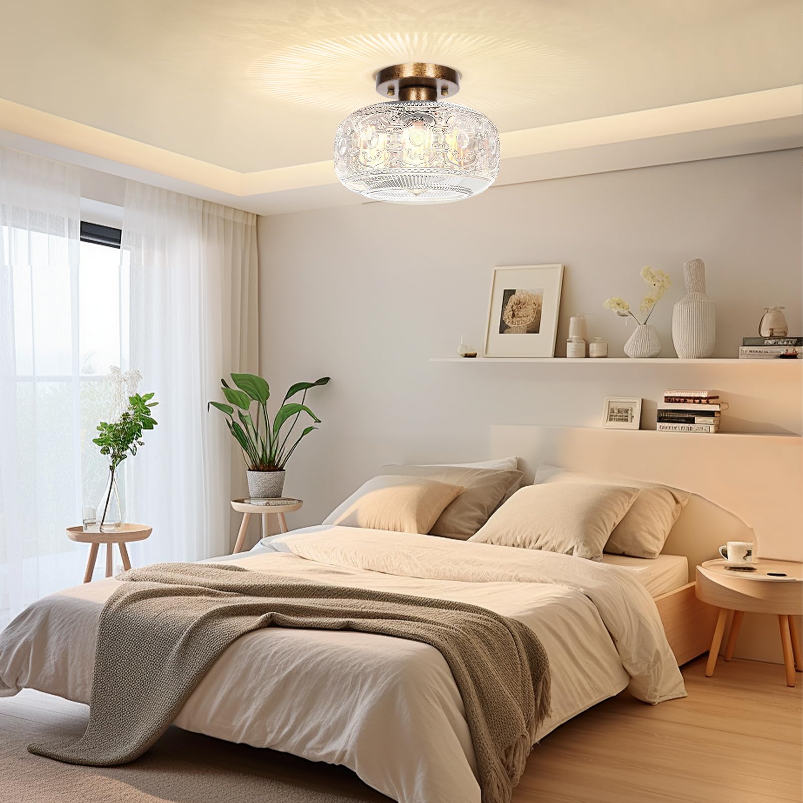 Oykyohei Antique Bronze Semi Flush Mount Ceiling Light With Globe Glass For Hallway & Bedroom