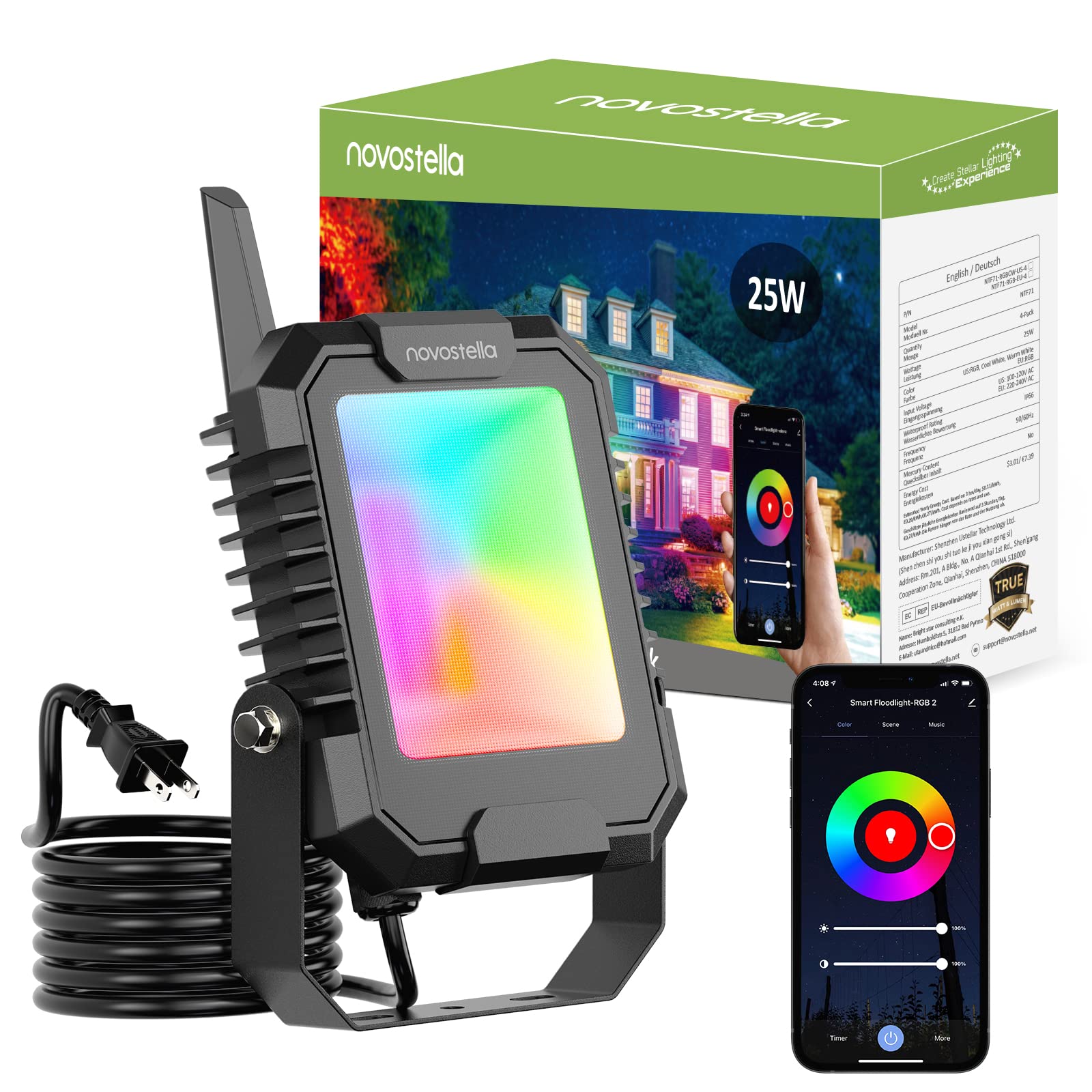 NOVOSTELLA Smart Flood Light 25W Color Changing 2700K-6500K, RGBCW LED Spotlights APP Control IP66 Waterproof, Stage Lights Musi