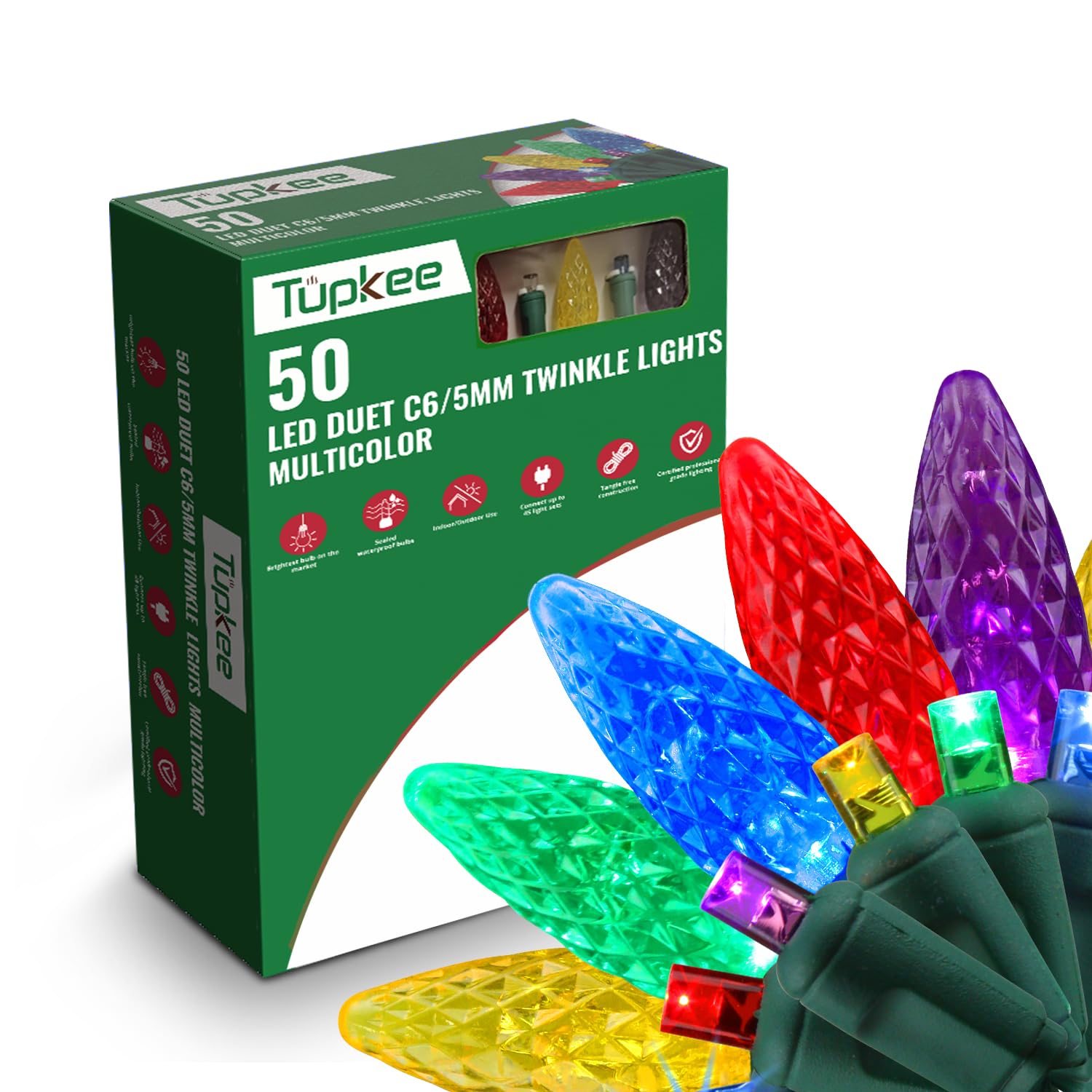 Tupkee Christmas LED Twinkling Lights, Multicolor, 24.5 Feet, C6/5mm Bulbs, Indoor/Outdoor Holiday Decor