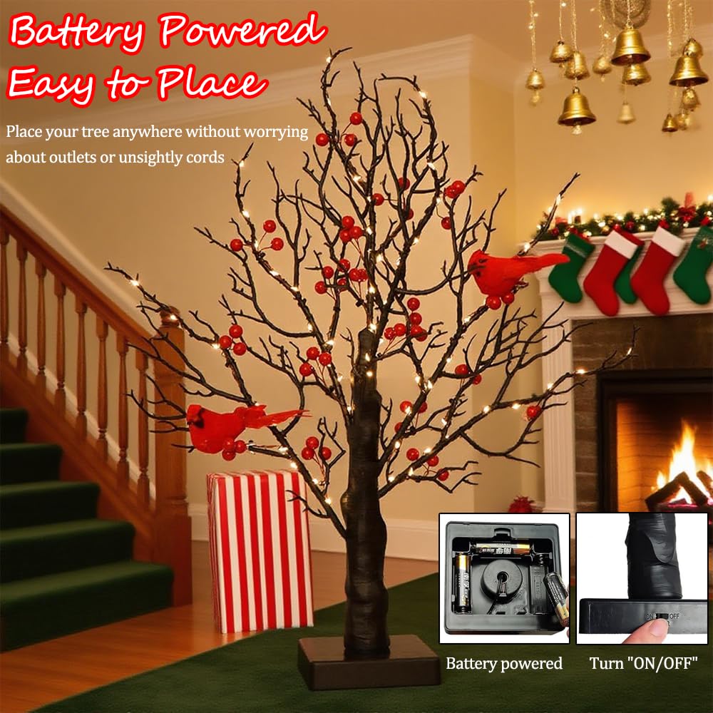 ZWJFDCBD Vintage Glowing Tree - 21in LED Twinkle Lamp, Battery Powered, Red, Copper Wire + ABS, Perfect for Christmas & Home Décor