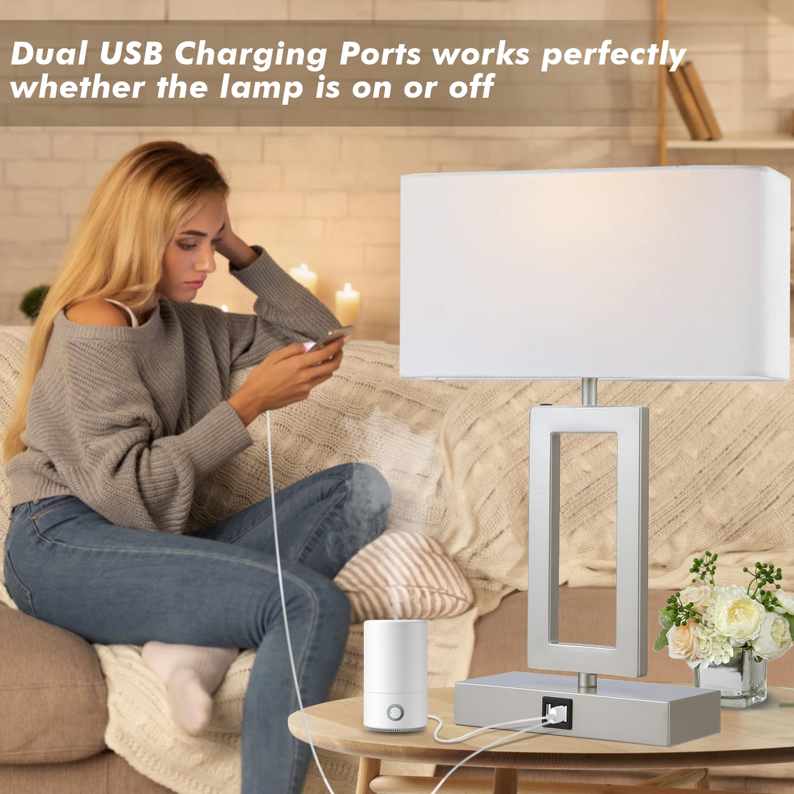 gernehop Silver Table Lamps Set of 2 - 3-Way Dimmable Touch Control, 16" Medium, USB Ports, Nightstand LED Bulbs Included