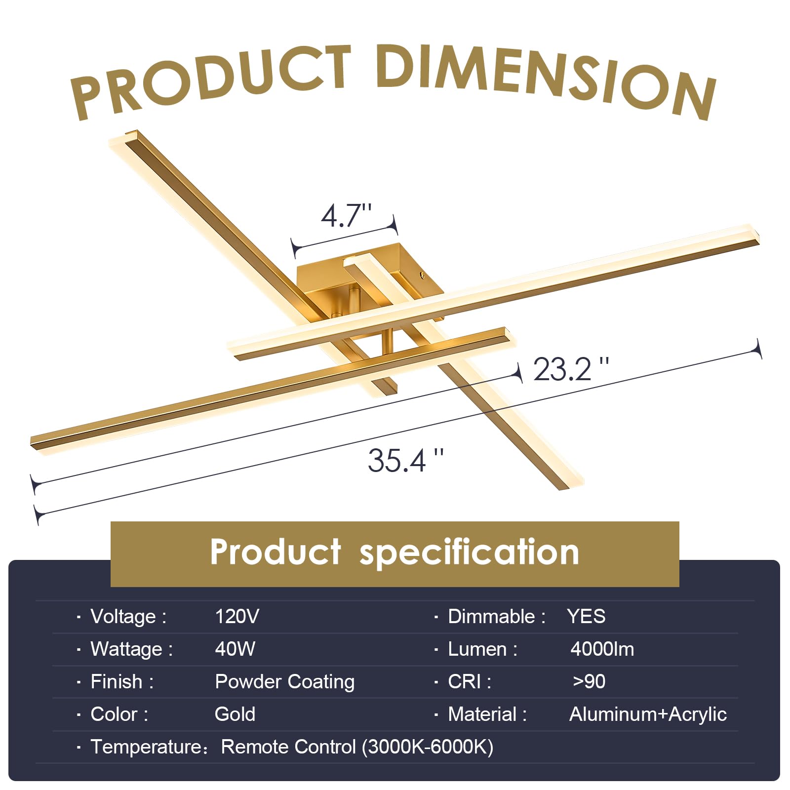 Airyphant Gold Modern Led Chandelier 4-Lights Semi-Flush Mount Ceiling Lighting Fixture 35.4  Dimmable Remote Control Ceiling Light For Living Room Bedroom Kitchen Foyer