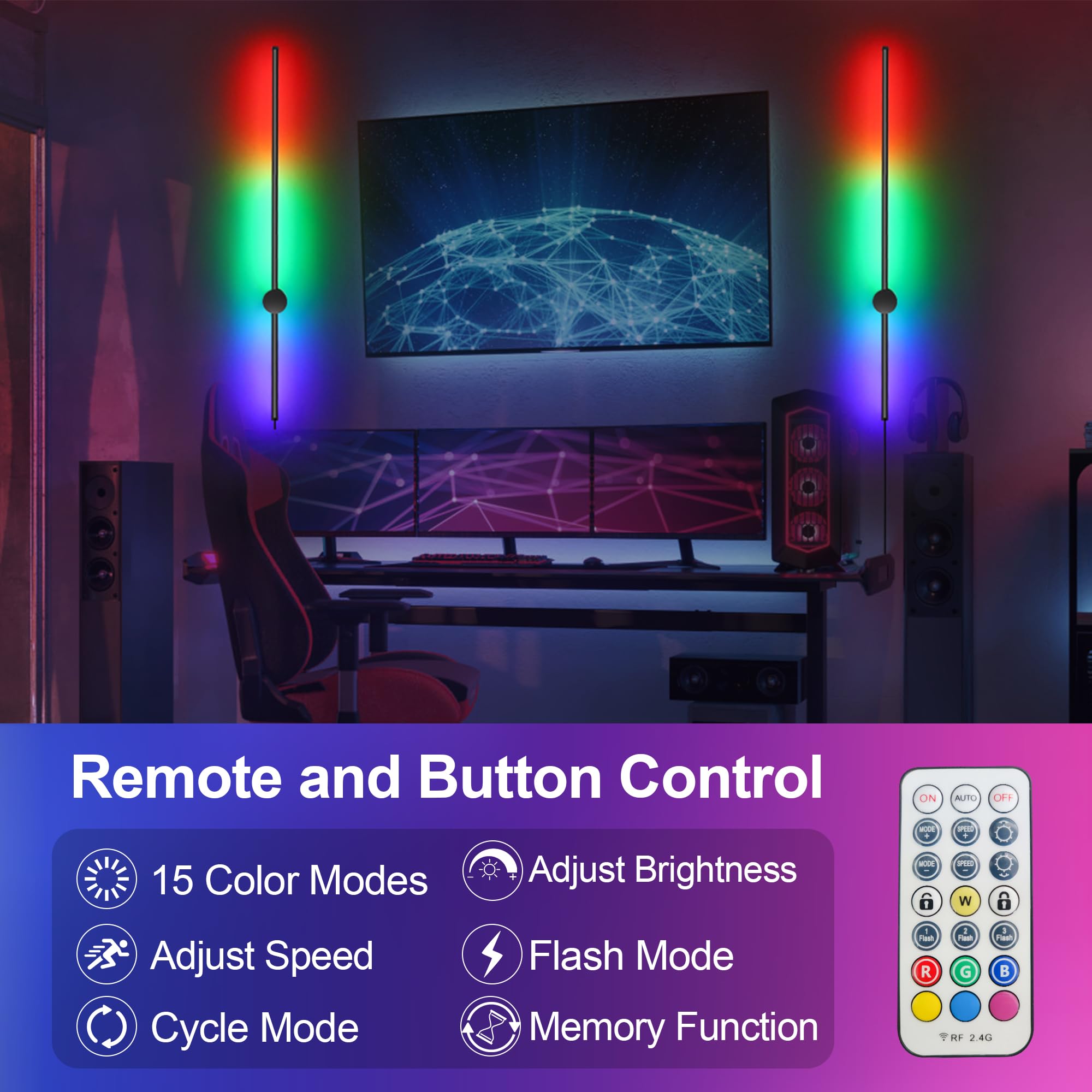 GOODATE RGB LED Wall Sconces Set of Two, 15 Color Modes, 39.4 Inches, Aluminum Alloy, Black Plug-in, Model GZ-3CCT-2PACK
