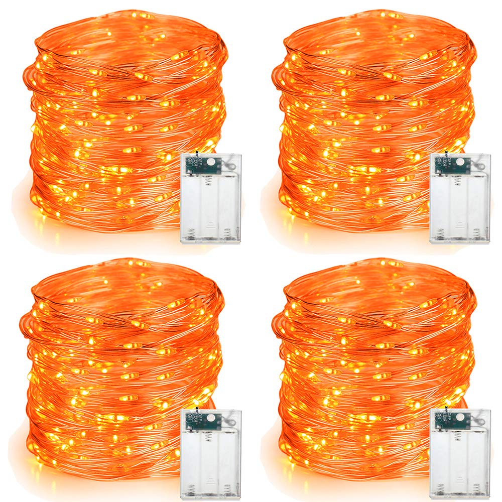 BrizLabs Orange Halloween Lights, 60 LED Fairy String Lights, 4 Pack, 19.47ft, Battery Operated, Indoor Twinkle Lights