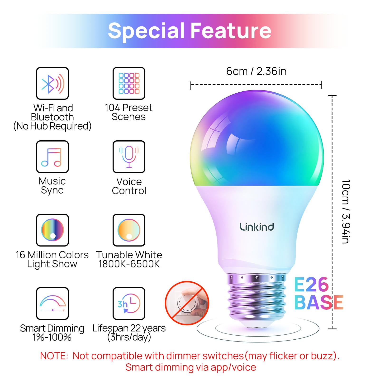 Linkind Wifi Smart Light Bulbs, Alexa Light Bulb Work With Alexa, Google Home, Rgbtw 16 Million Color Changing Light Bulbs Dimma