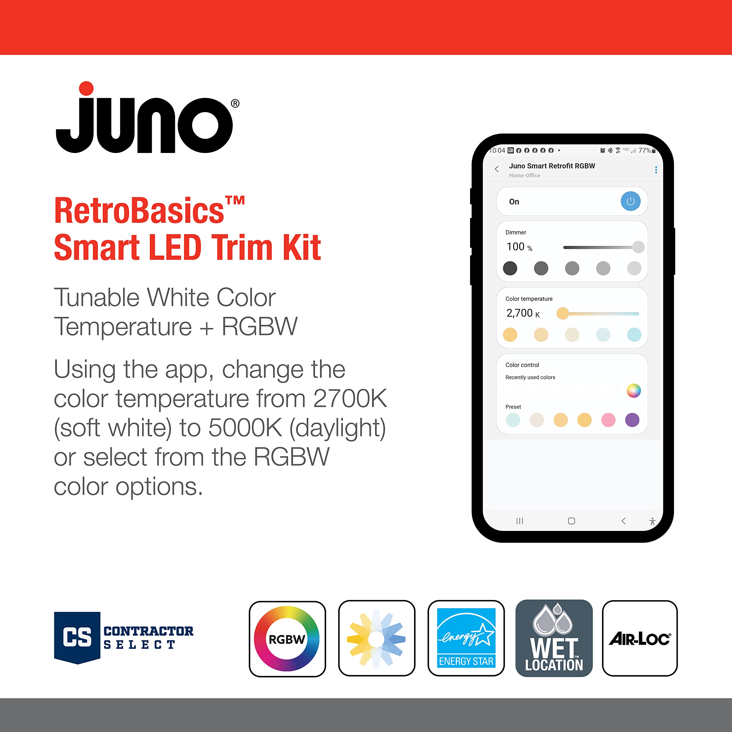 Juno RB56SC RGBW RetroBasics Smart Downlight, 5/6-Inch, Matte White, Switchable RGBW