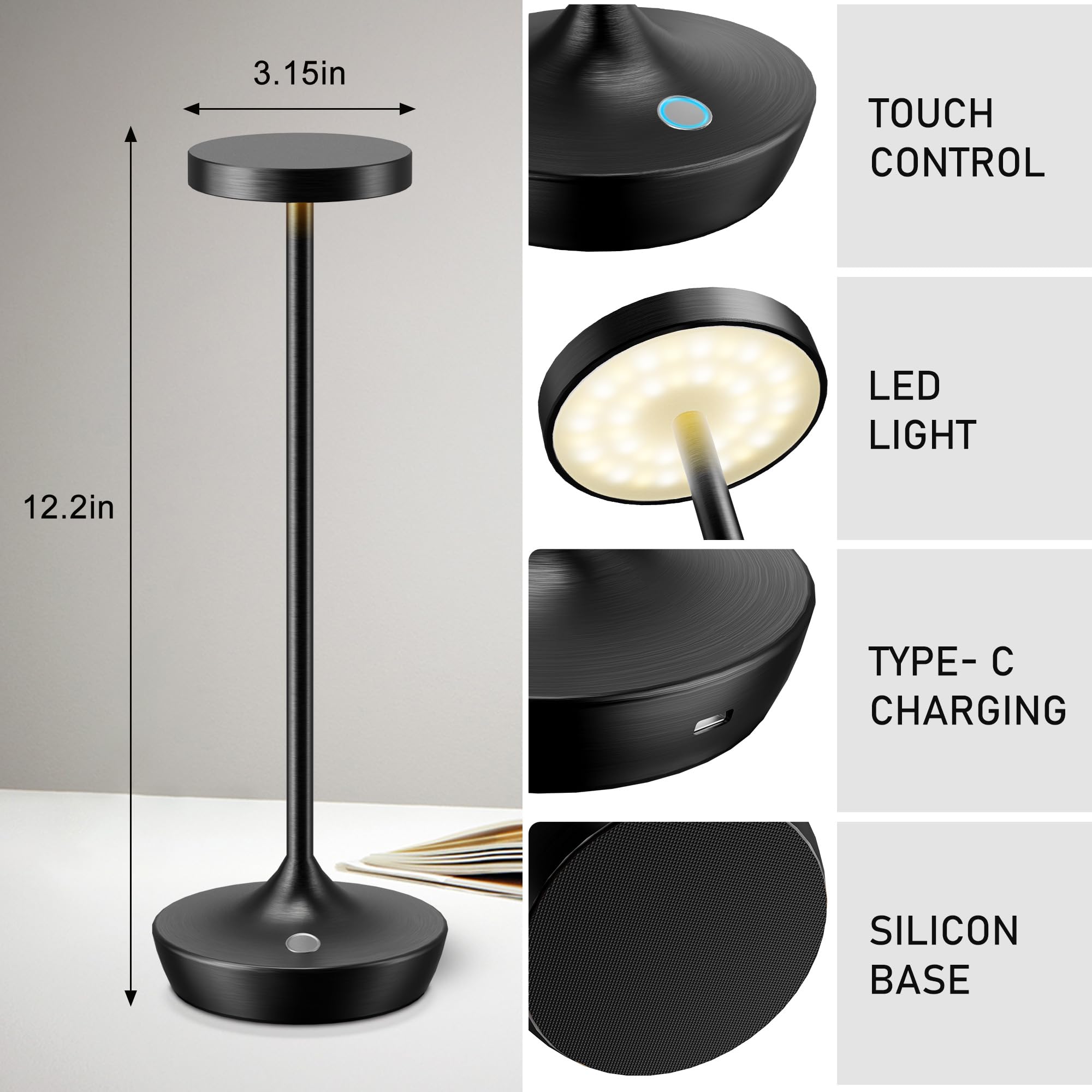 Willdoak Cordless Table Lamp - 6000mAh LED, Portable, Touch Dimmable, Waterproof, Black, Model X86