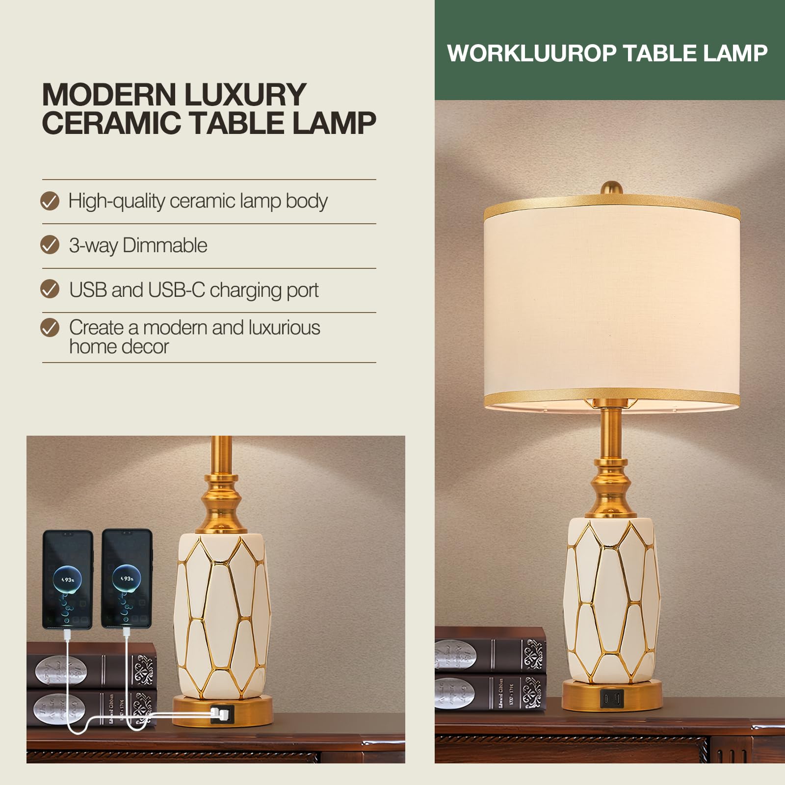 Workluurop Set Of 2 Touch Control Table Lamps, Modern Ceramic With Usb Ports, White & Gold